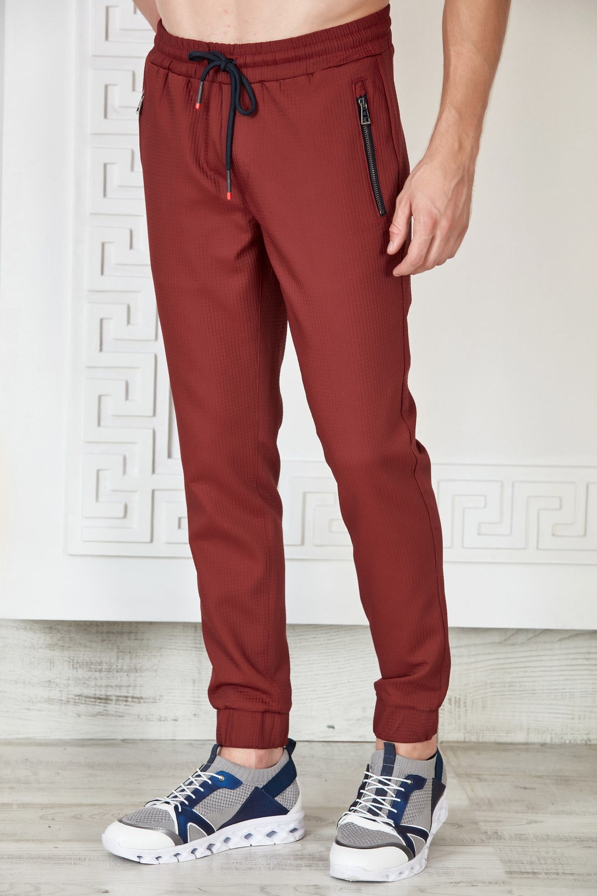 Bordo Kare Dokulu Jogger Pantolon