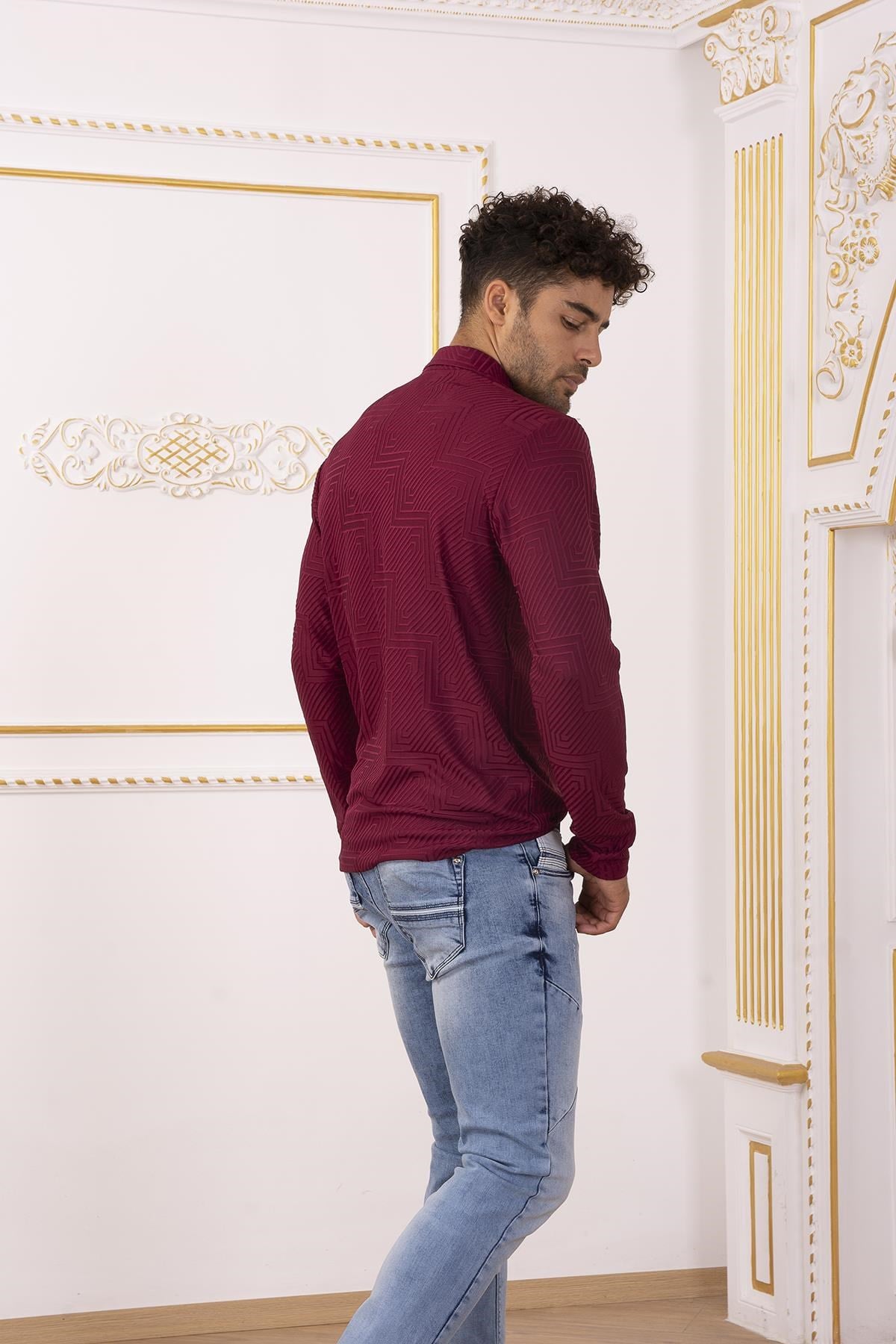 Bordo Polo Yaka Desenli Sweatshirt