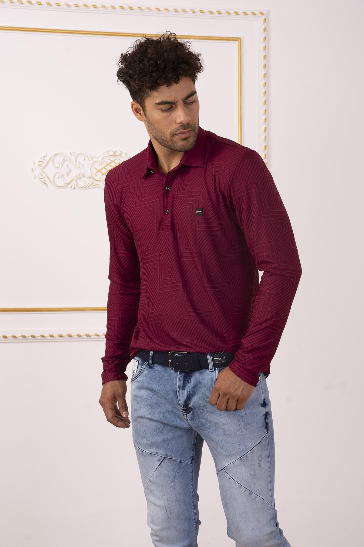 Bordo Polo Yaka Desenli Sweatshirt