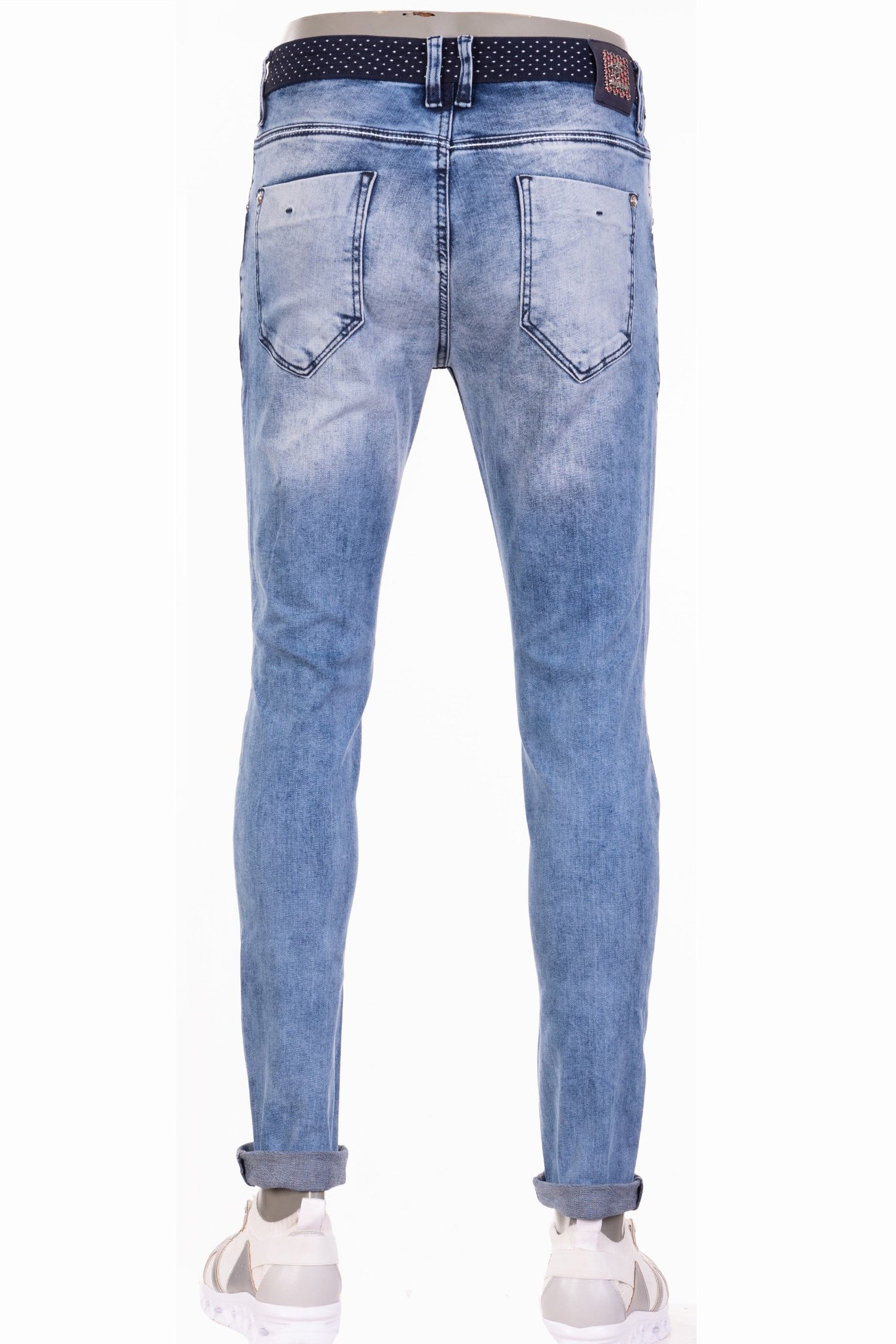 Buz Mavisi Taşlamalı Beli Puantiyeli Jean Pantolon