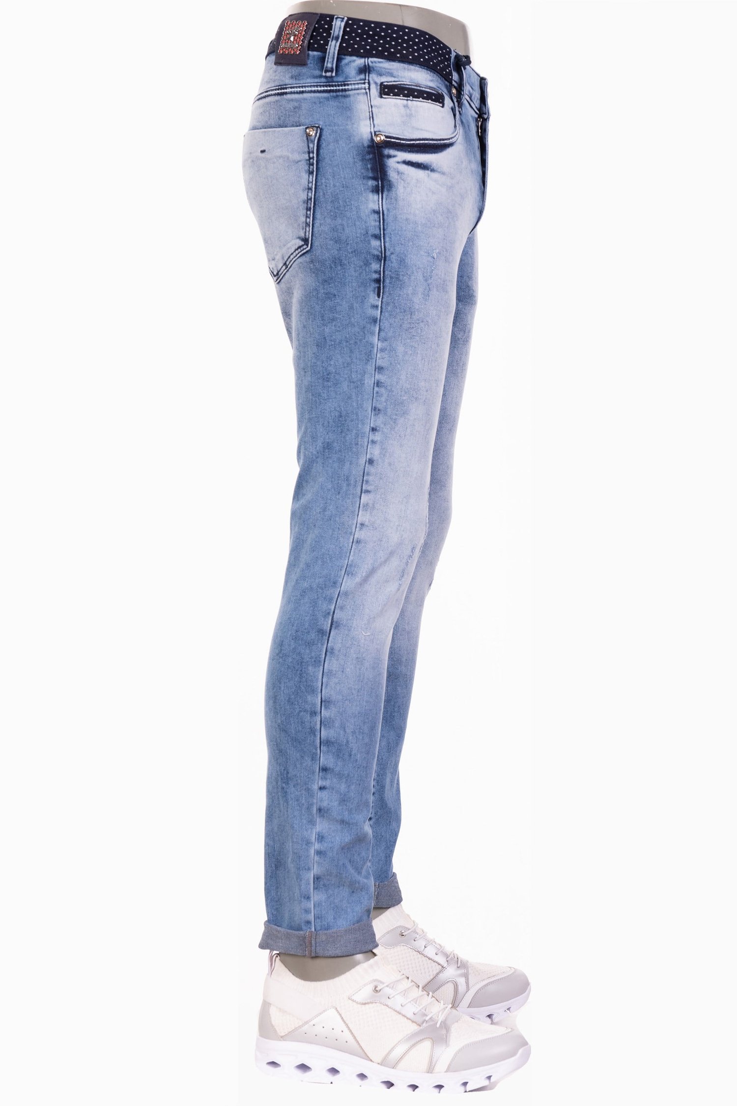 Buz Mavisi Taşlamalı Beli Puantiyeli Jean Pantolon