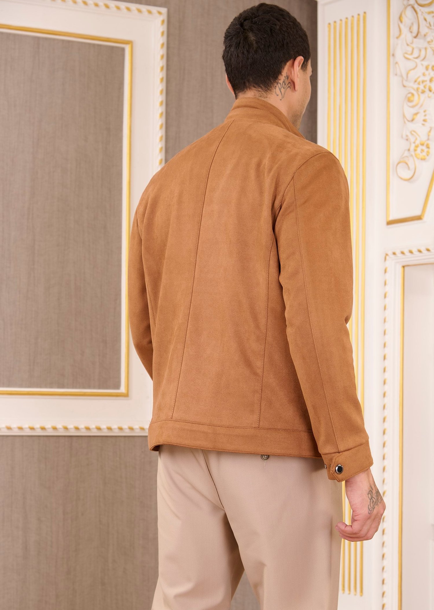 Camel Dik Yaka Fermuarlı Süet Mont