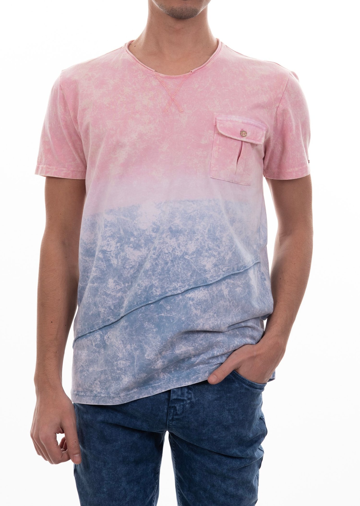 Cepli Eskitme Oval Yaka T-Shirt