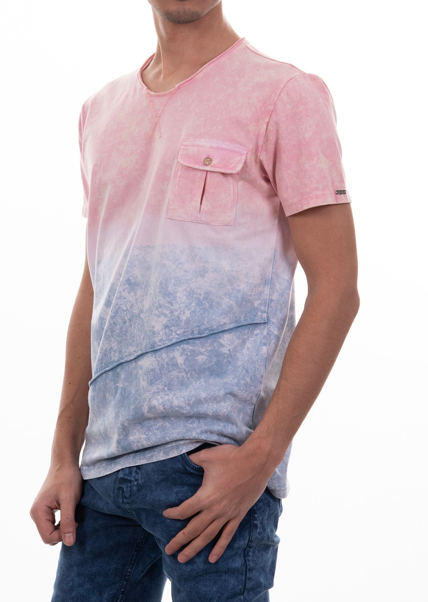 Cepli Eskitme Oval Yaka T-Shirt