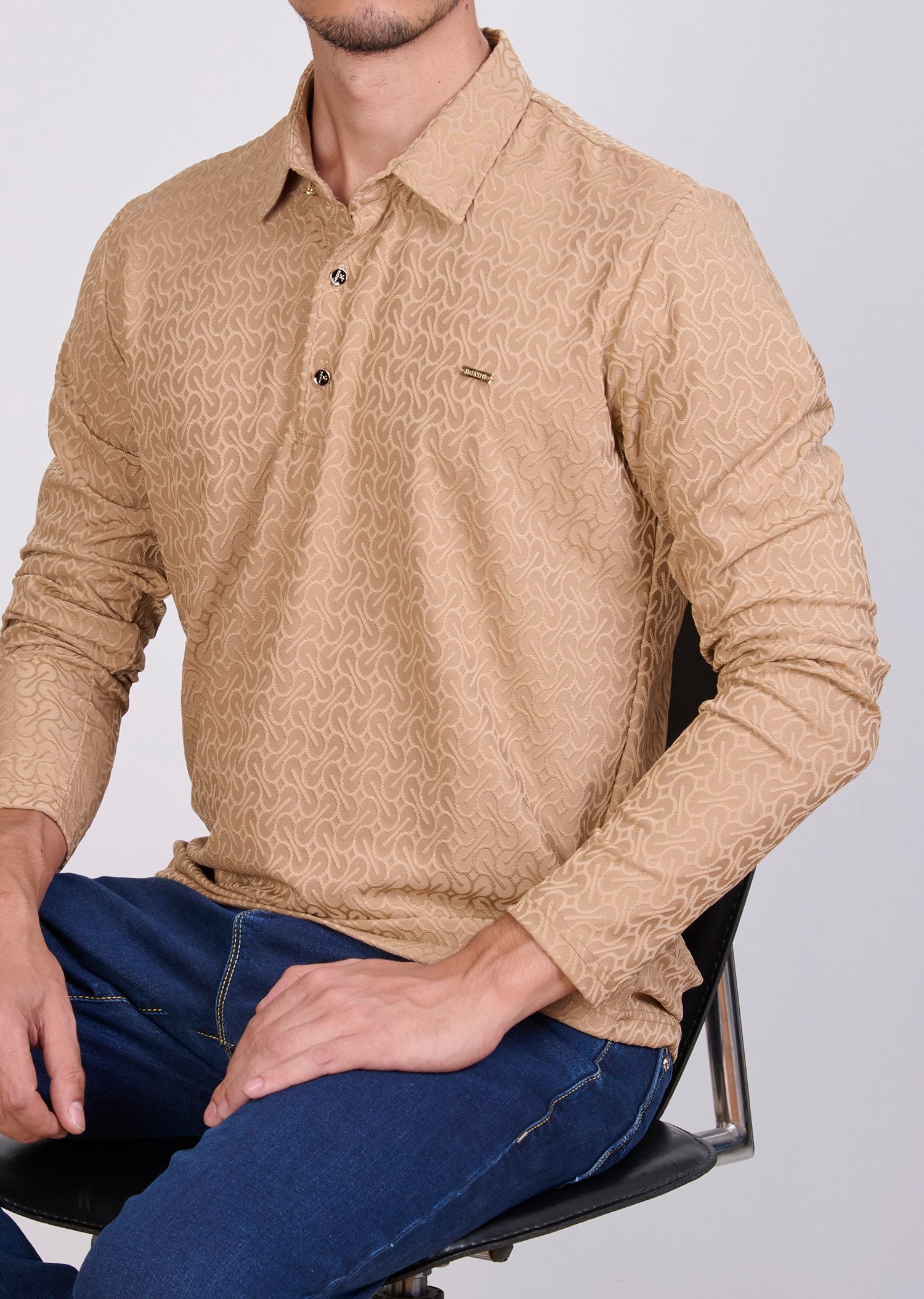 Desenli Polo Yaka Bej Sweatshirt