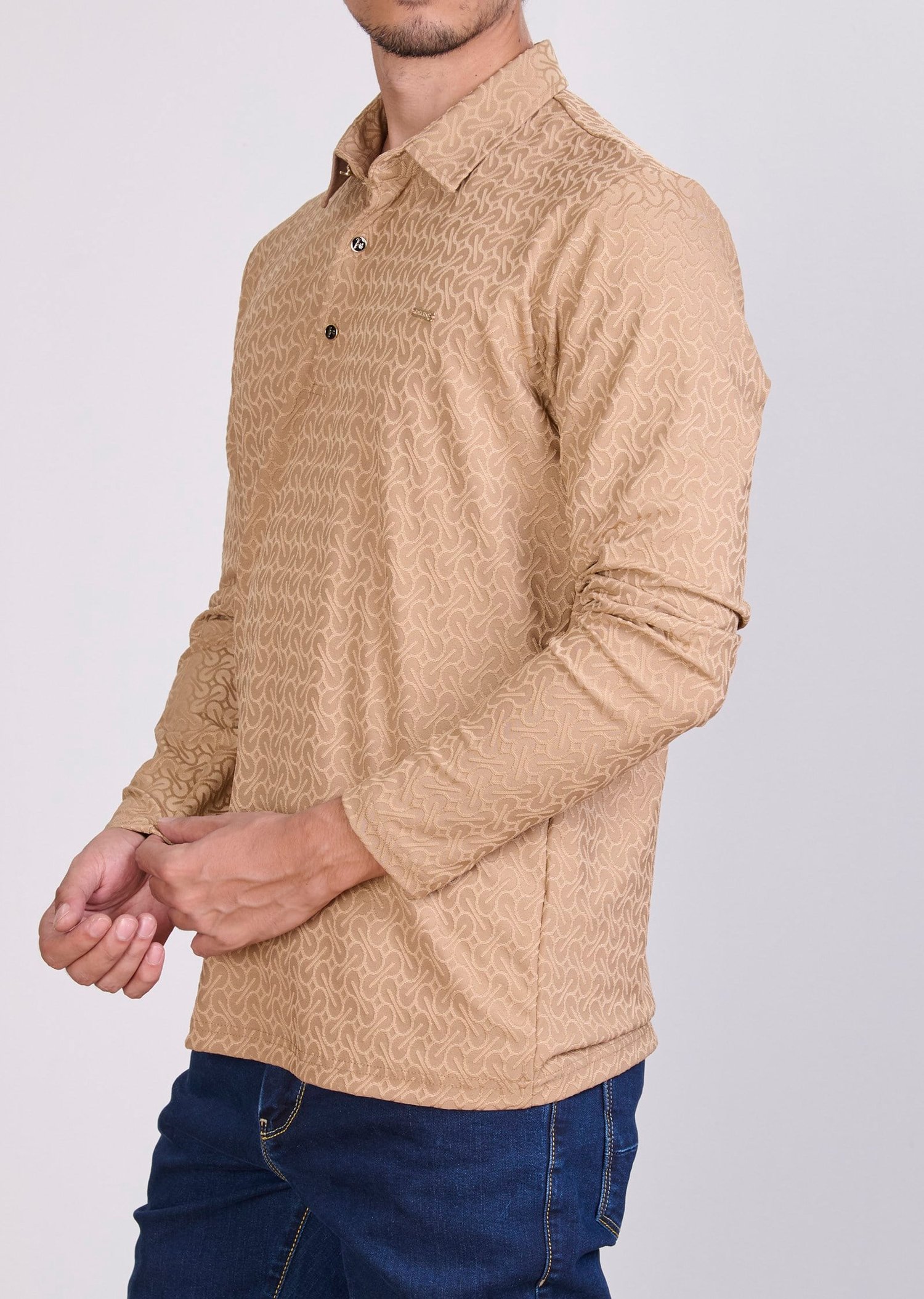 Desenli Polo Yaka Bej Sweatshirt