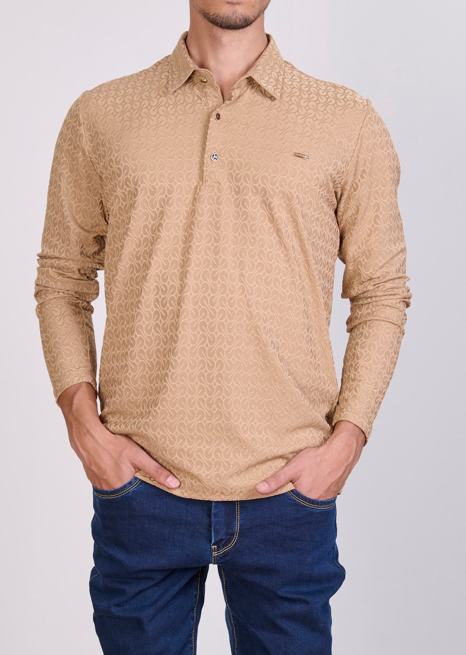 Desenli Polo Yaka Bej Sweatshirt