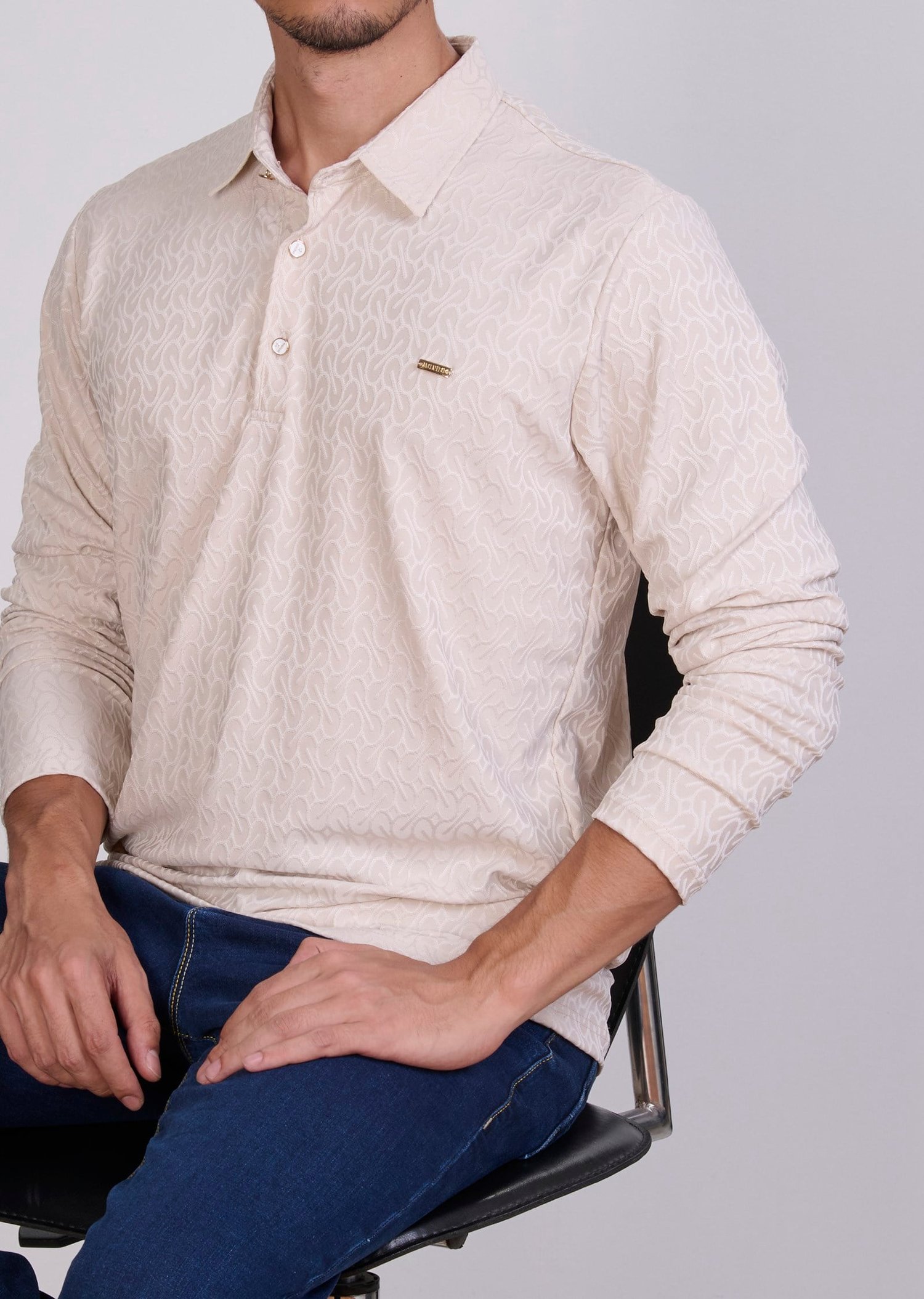 Desenli Polo Yaka Ekru Sweatshirt