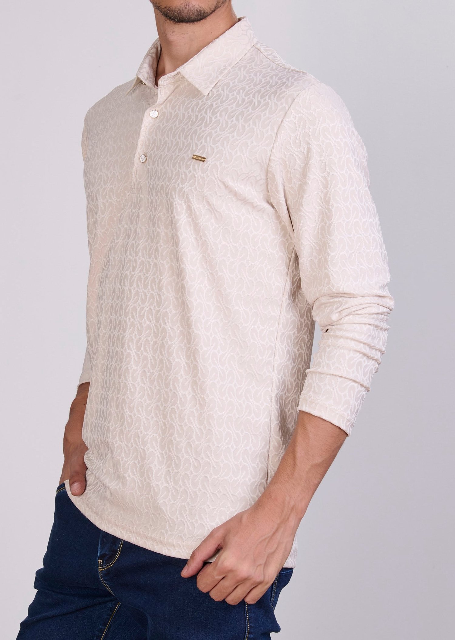 Desenli Polo Yaka Ekru Sweatshirt
