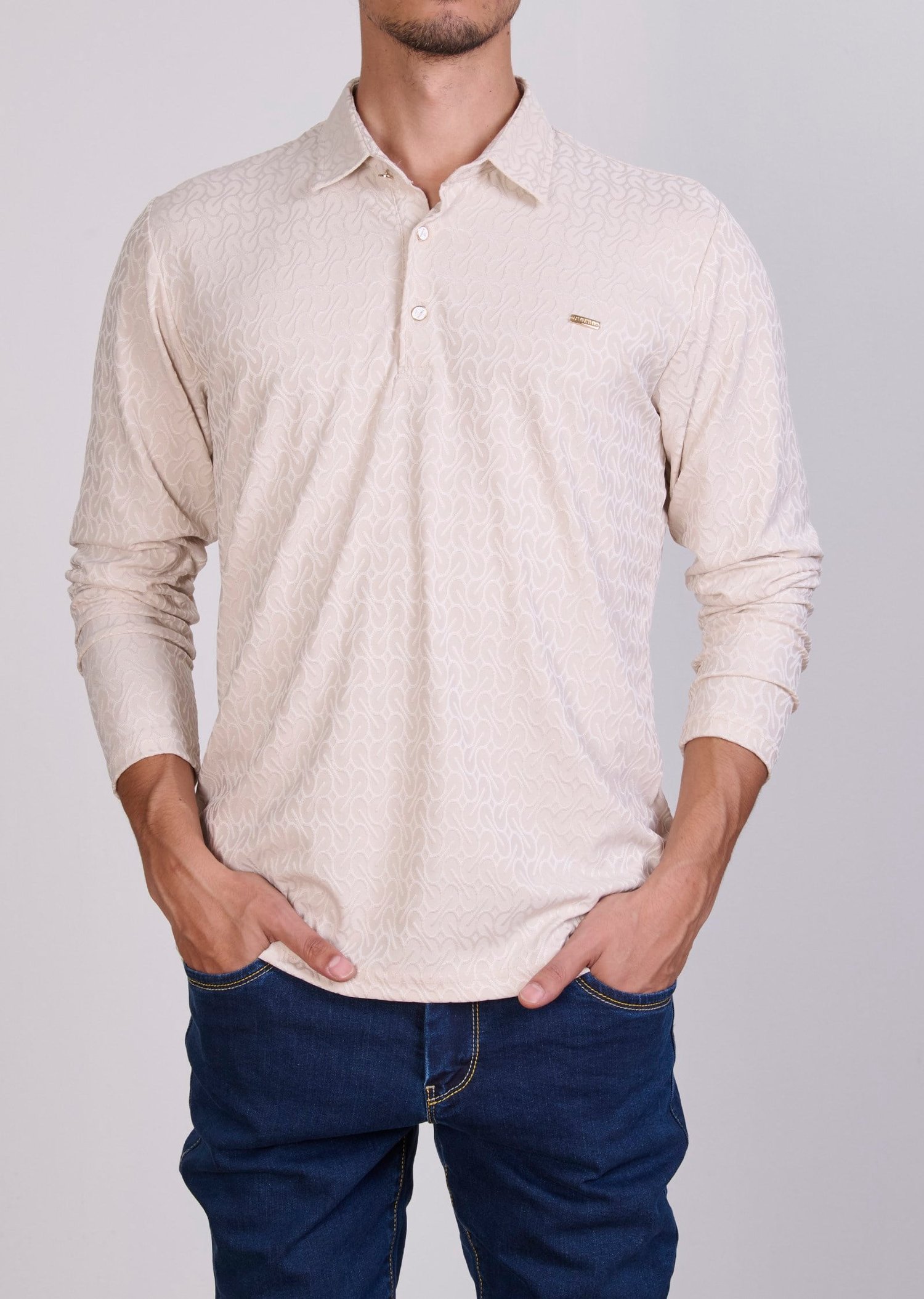 Desenli Polo Yaka Ekru Sweatshirt