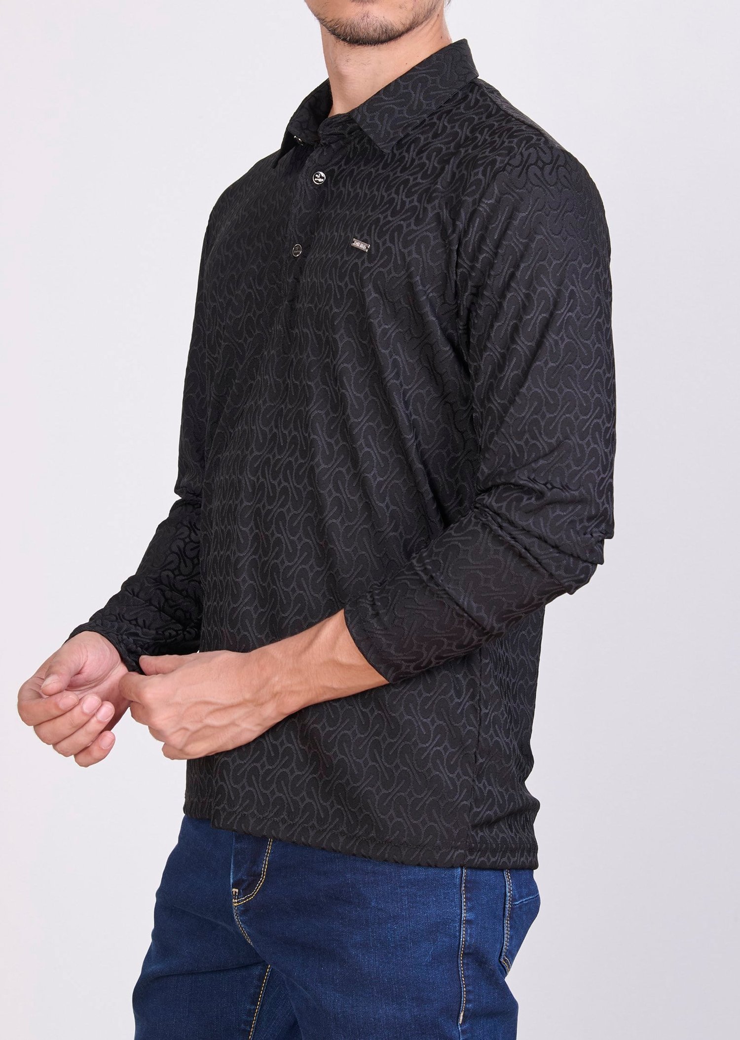Desenli Polo Yaka Siyah Sweatshirt