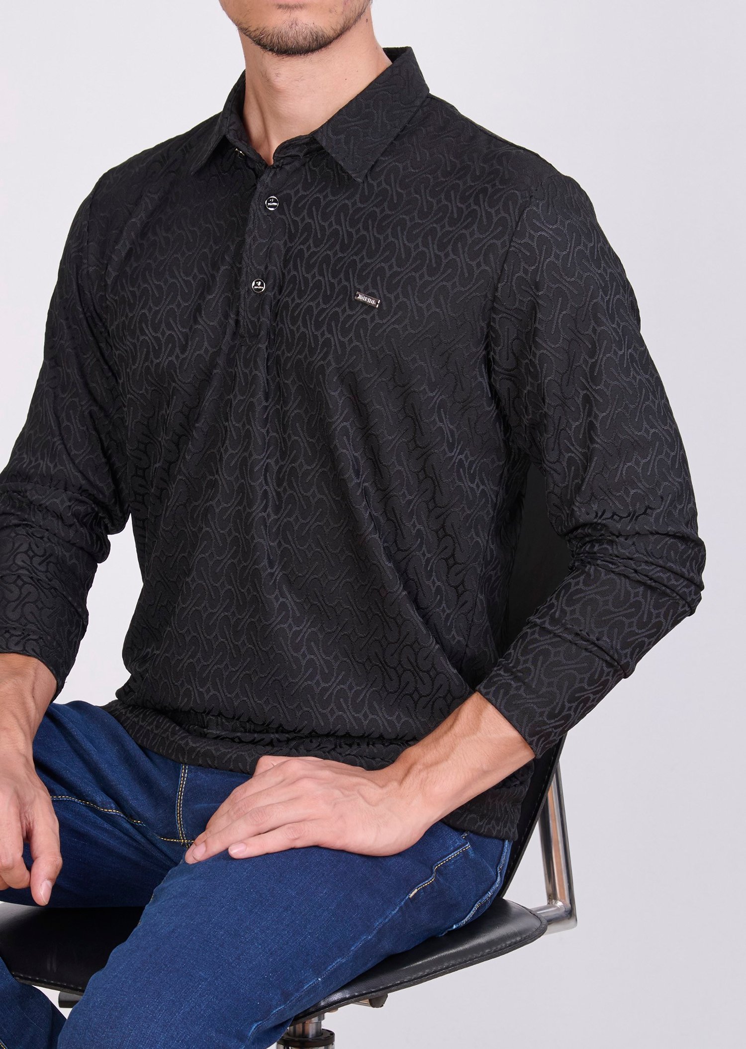 Desenli Polo Yaka Siyah Sweatshirt