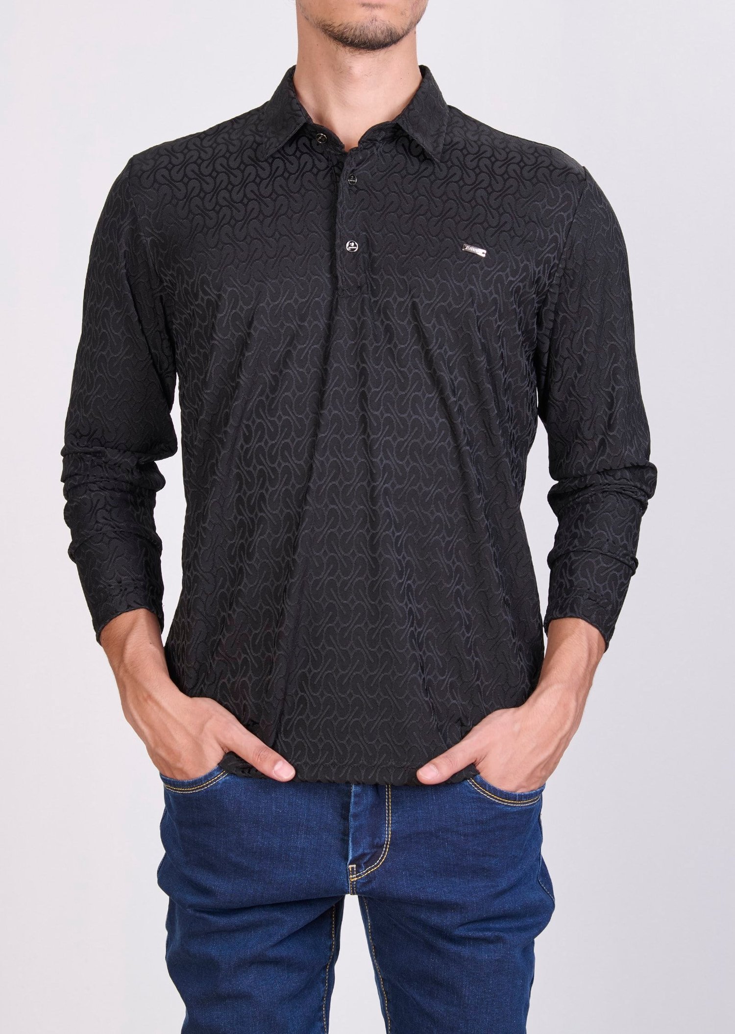 Desenli Polo Yaka Siyah Sweatshirt