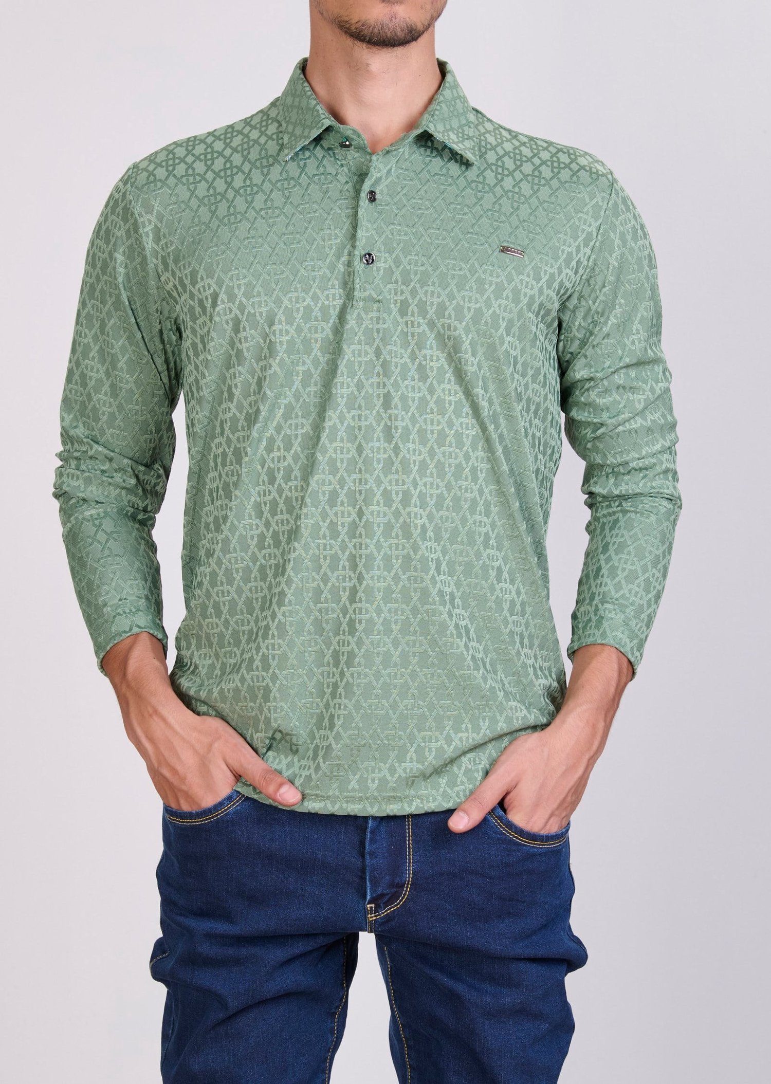 Desenli Polo Yaka Yeşil Sweatshirt
