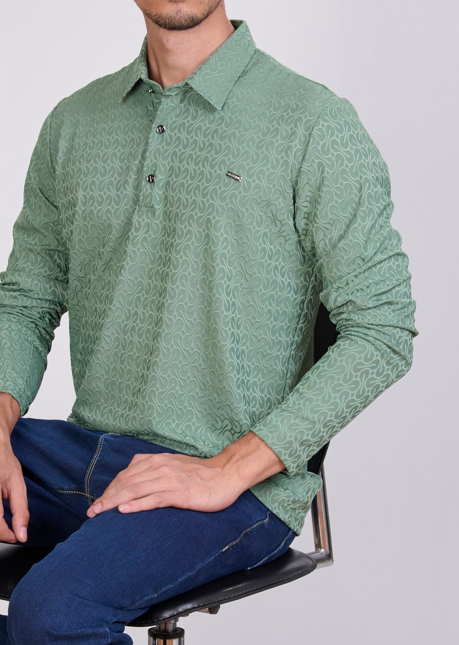 Desenli Polo Yaka Yeşil Sweatshirt