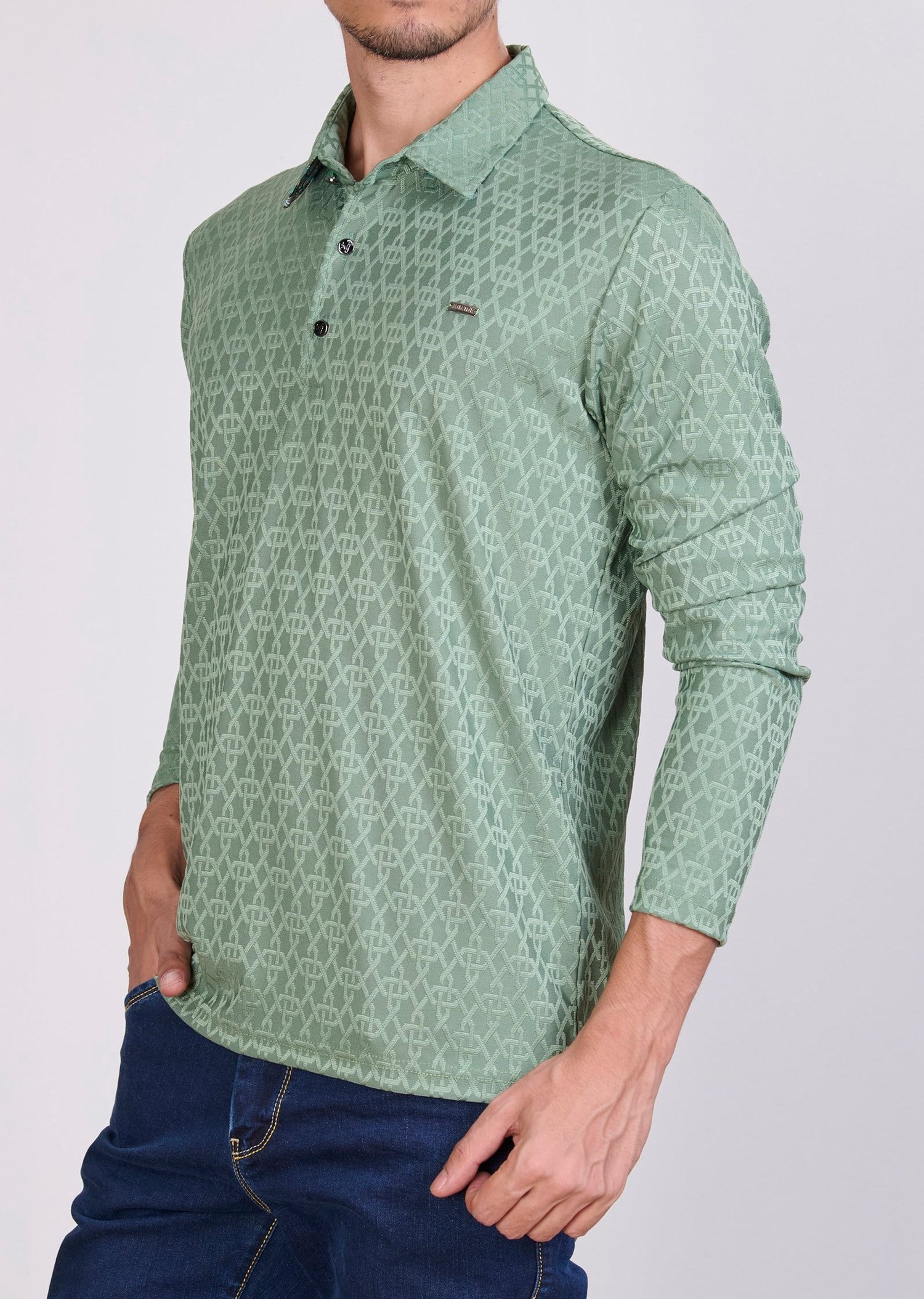 Desenli Polo Yaka Yeşil Sweatshirt