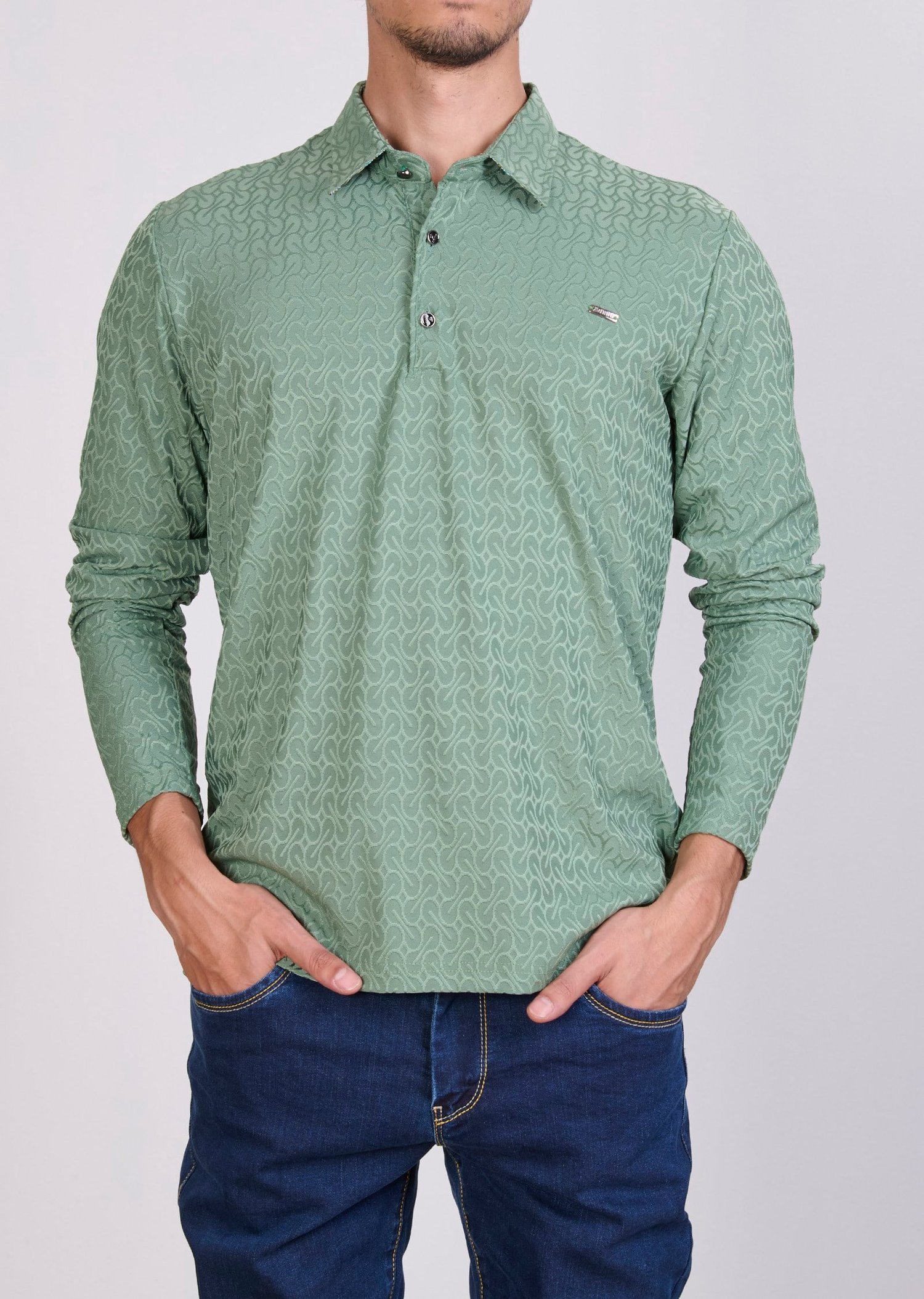 Desenli Polo Yaka Yeşil Sweatshirt