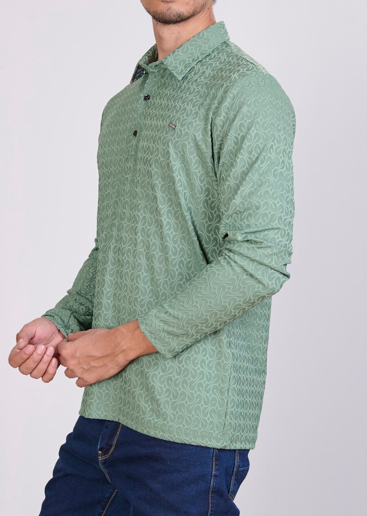 Desenli Polo Yaka Yeşil Sweatshirt