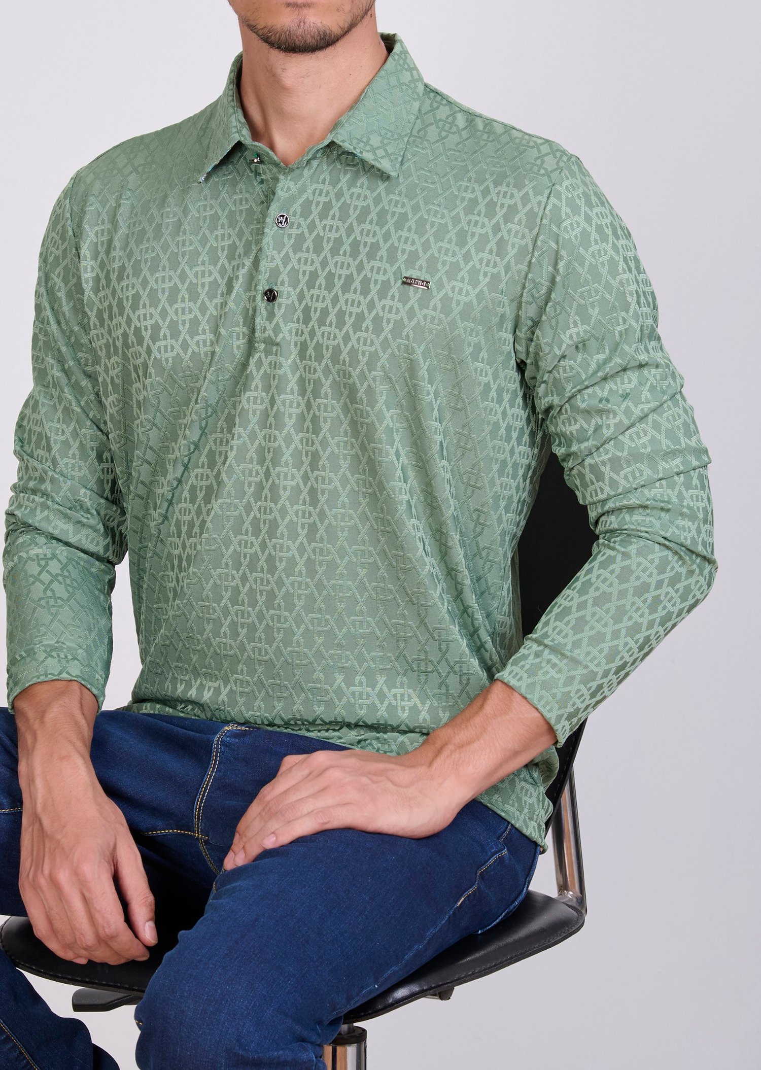 Desenli Polo Yaka Yeşil Sweatshirt