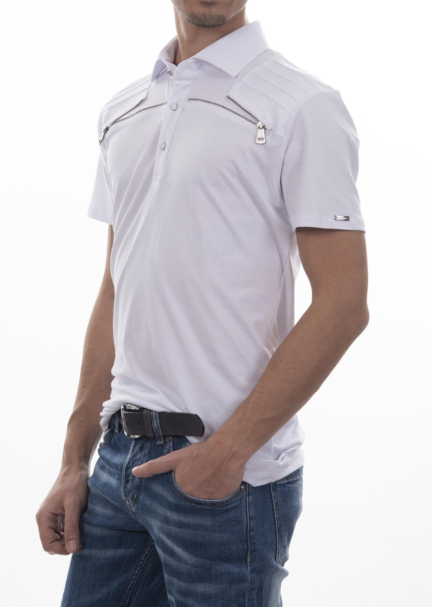 Fermuar Detaylı Beyaz Polo Yaka T-Shirt