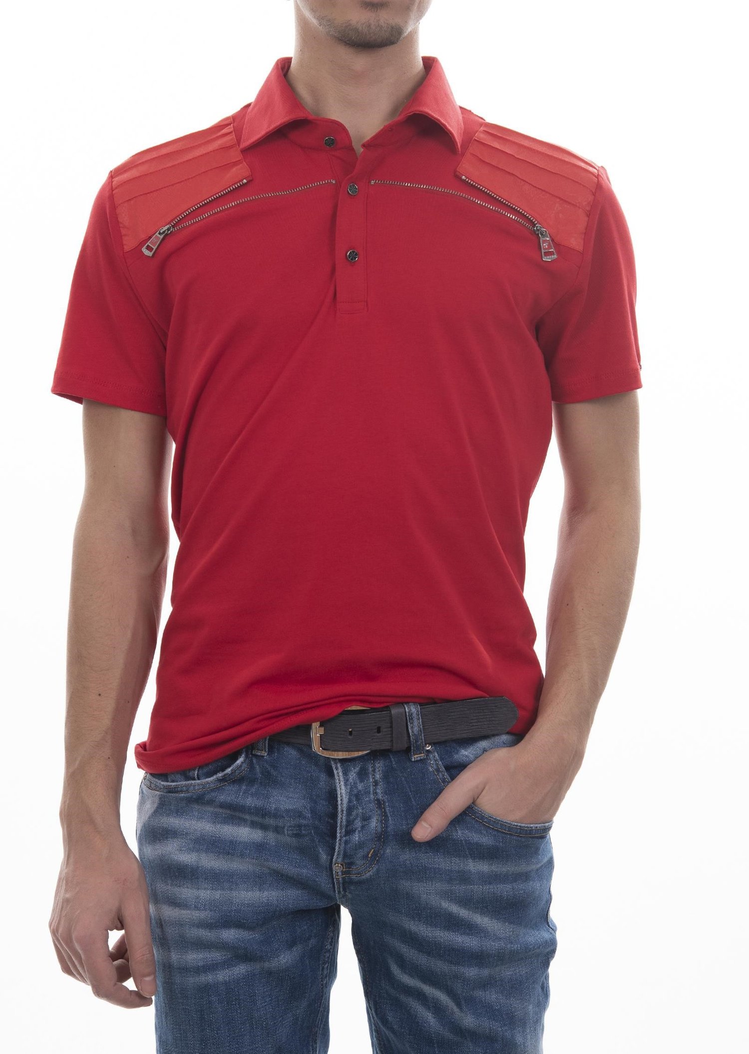 Fermuar Detaylı Kırmızı Polo Yaka T-Shirt