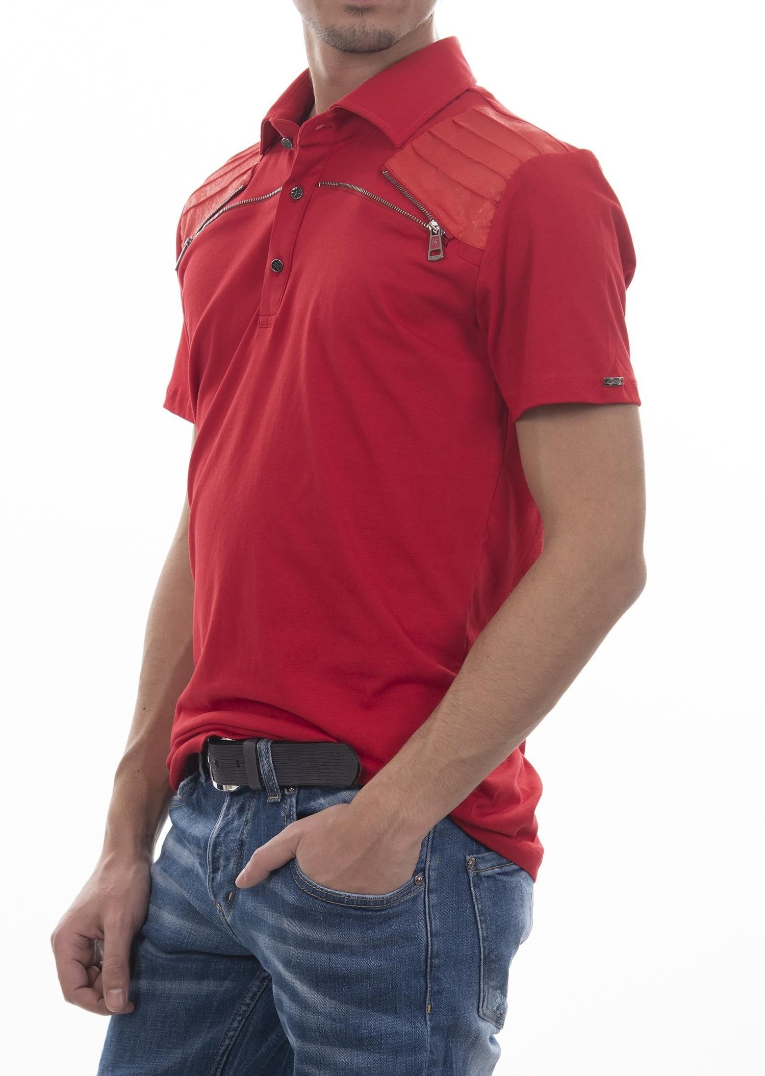 Fermuar Detaylı Kırmızı Polo Yaka T-Shirt