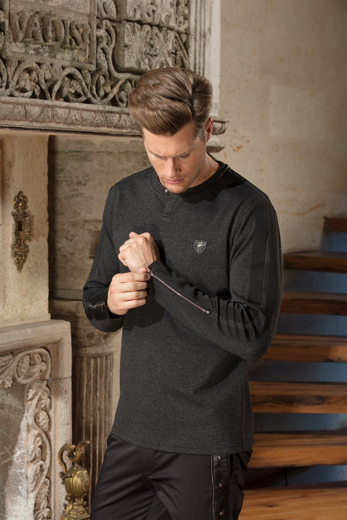 Fermuar Detaylı Kolları Şeritli Antrasit Sweatshirt