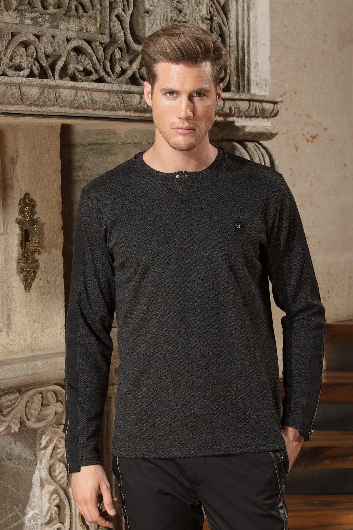 Fermuar Detaylı Kolları Şeritli Antrasit Sweatshirt