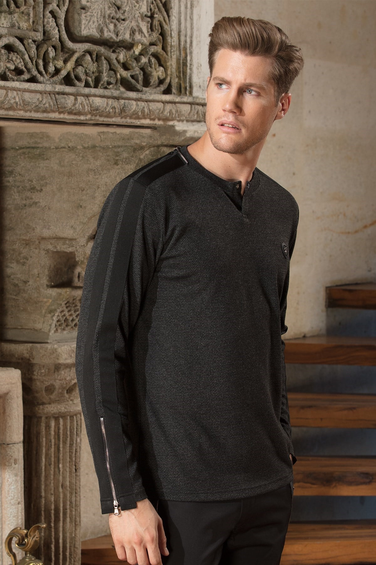 Fermuar Detaylı Kolları Şeritli Antrasit Sweatshirt