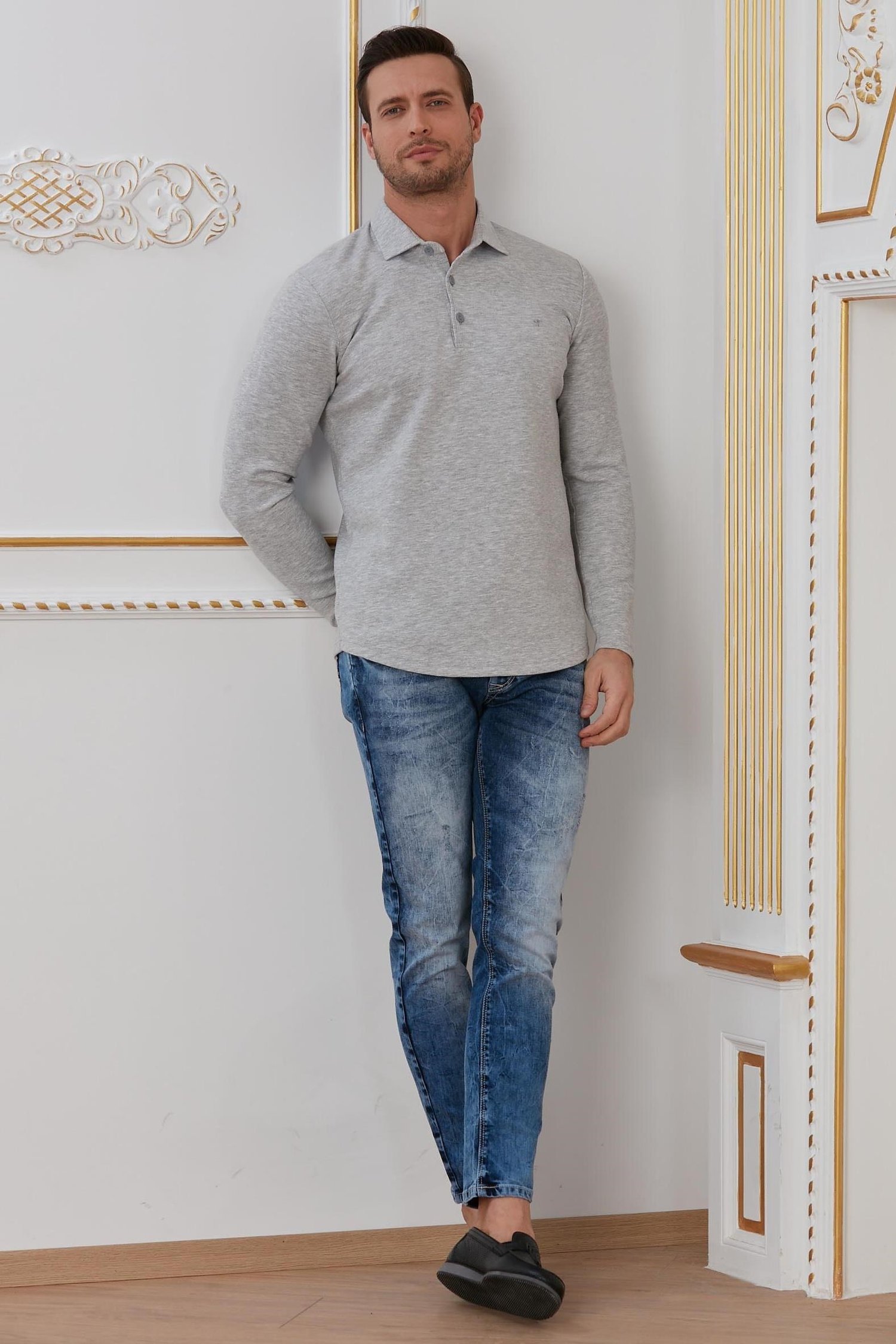 Gri Basic Polo Yaka Sweatshirt
