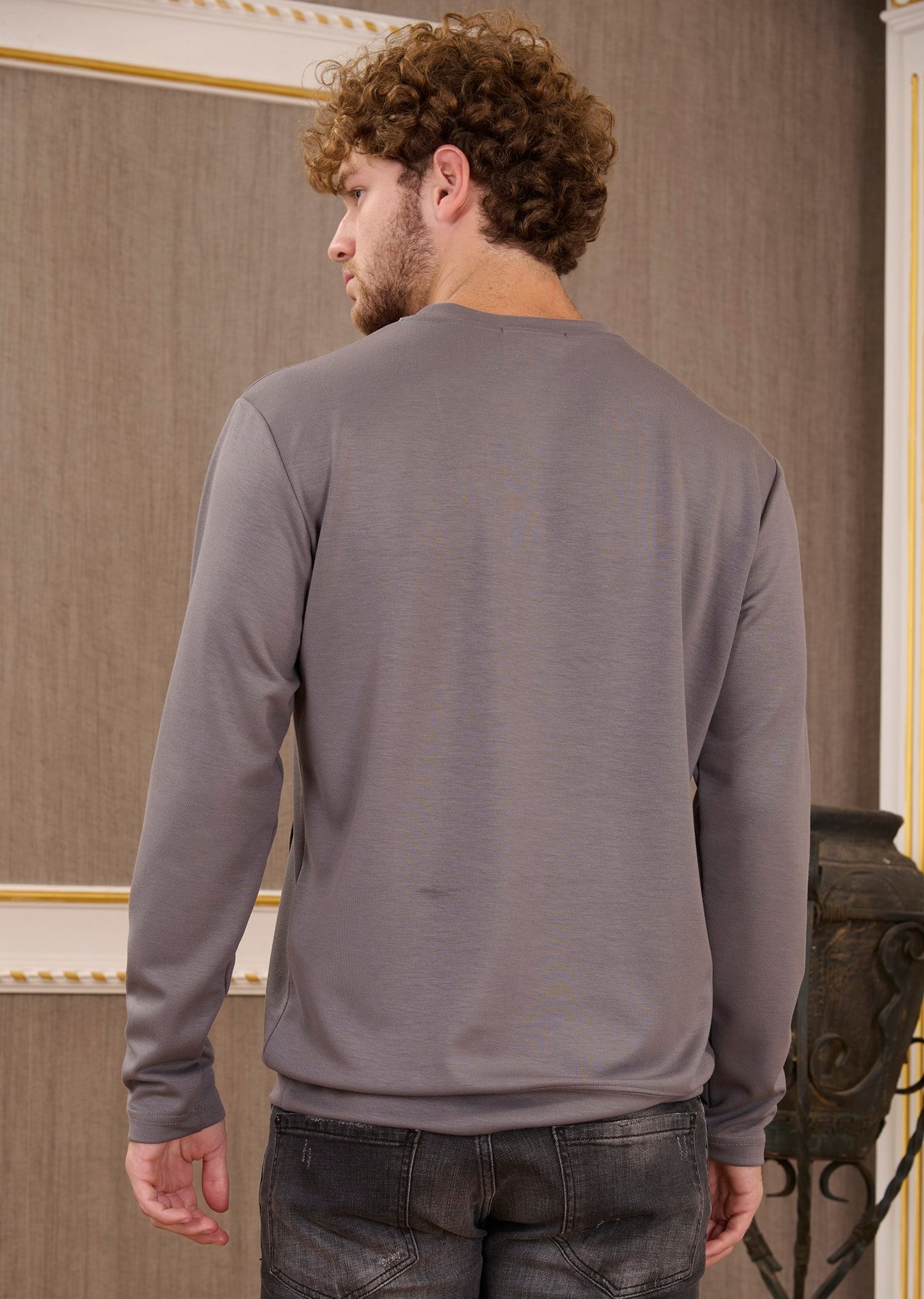 Gri Bisiklet Yaka Bi-Stretch Nervurlu İnterlok Sweatshirt