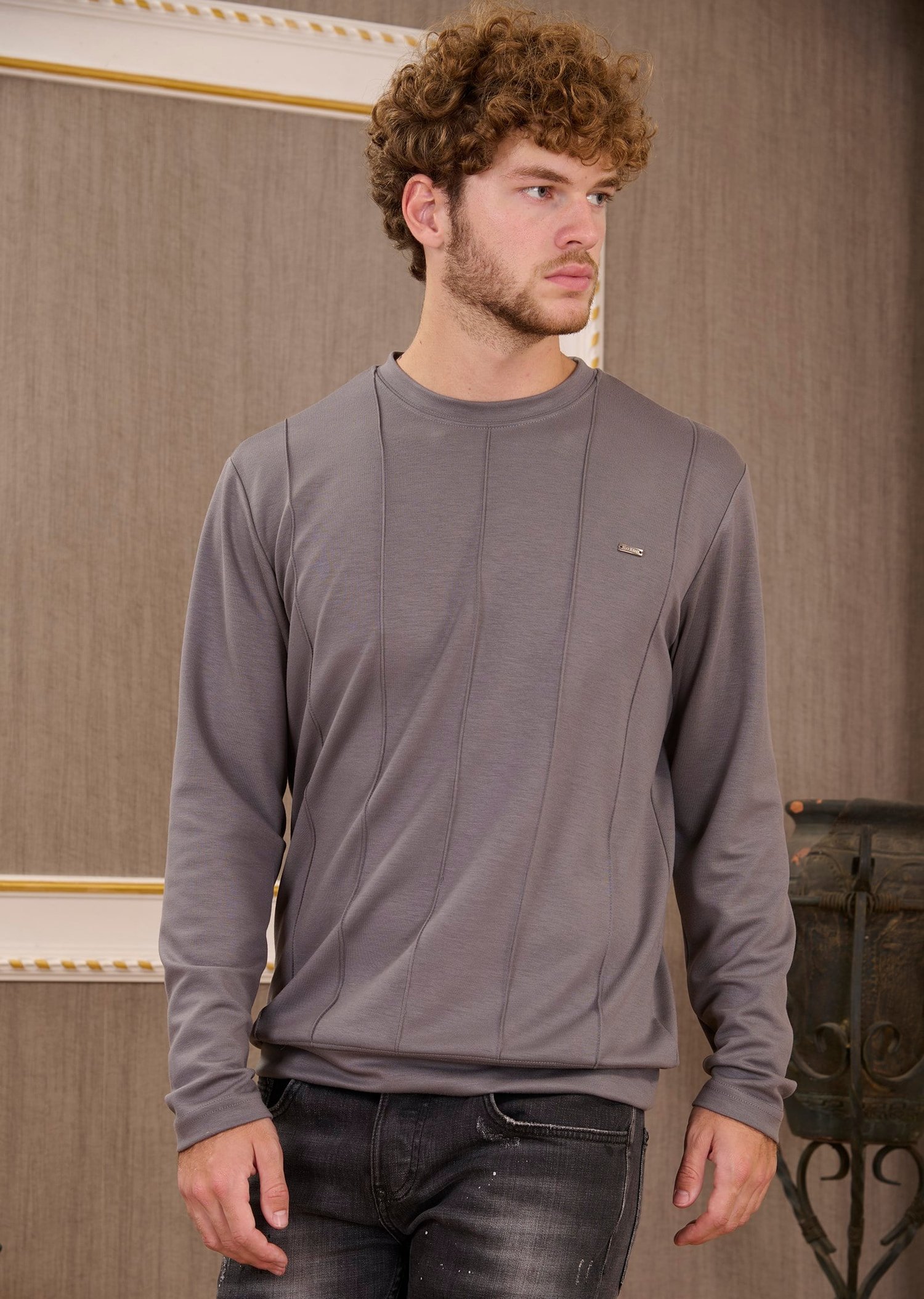 Gri Bisiklet Yaka Bi-Stretch Nervurlu İnterlok Sweatshirt