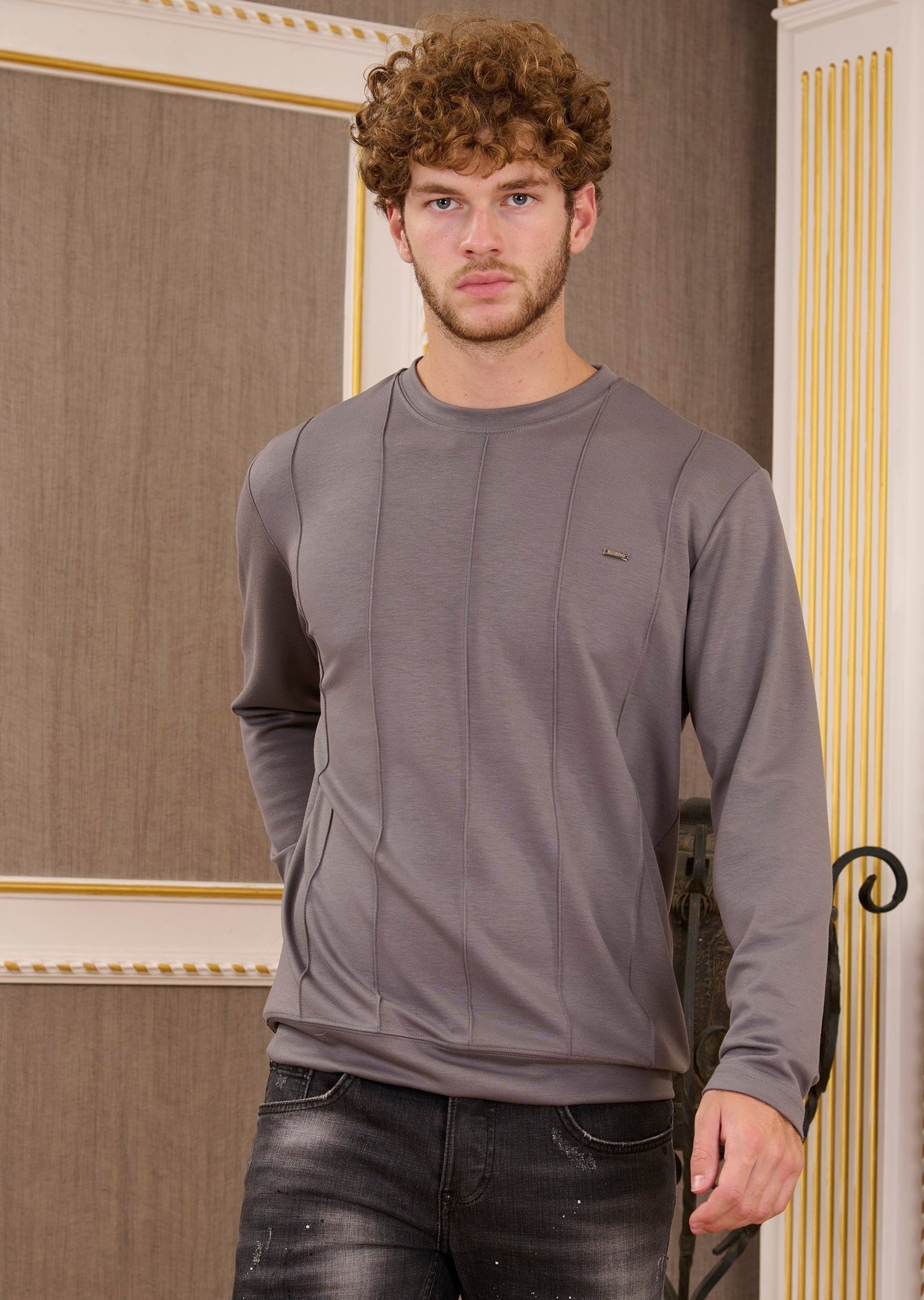 Gri Bisiklet Yaka Bi-Stretch Nervurlu İnterlok Sweatshirt