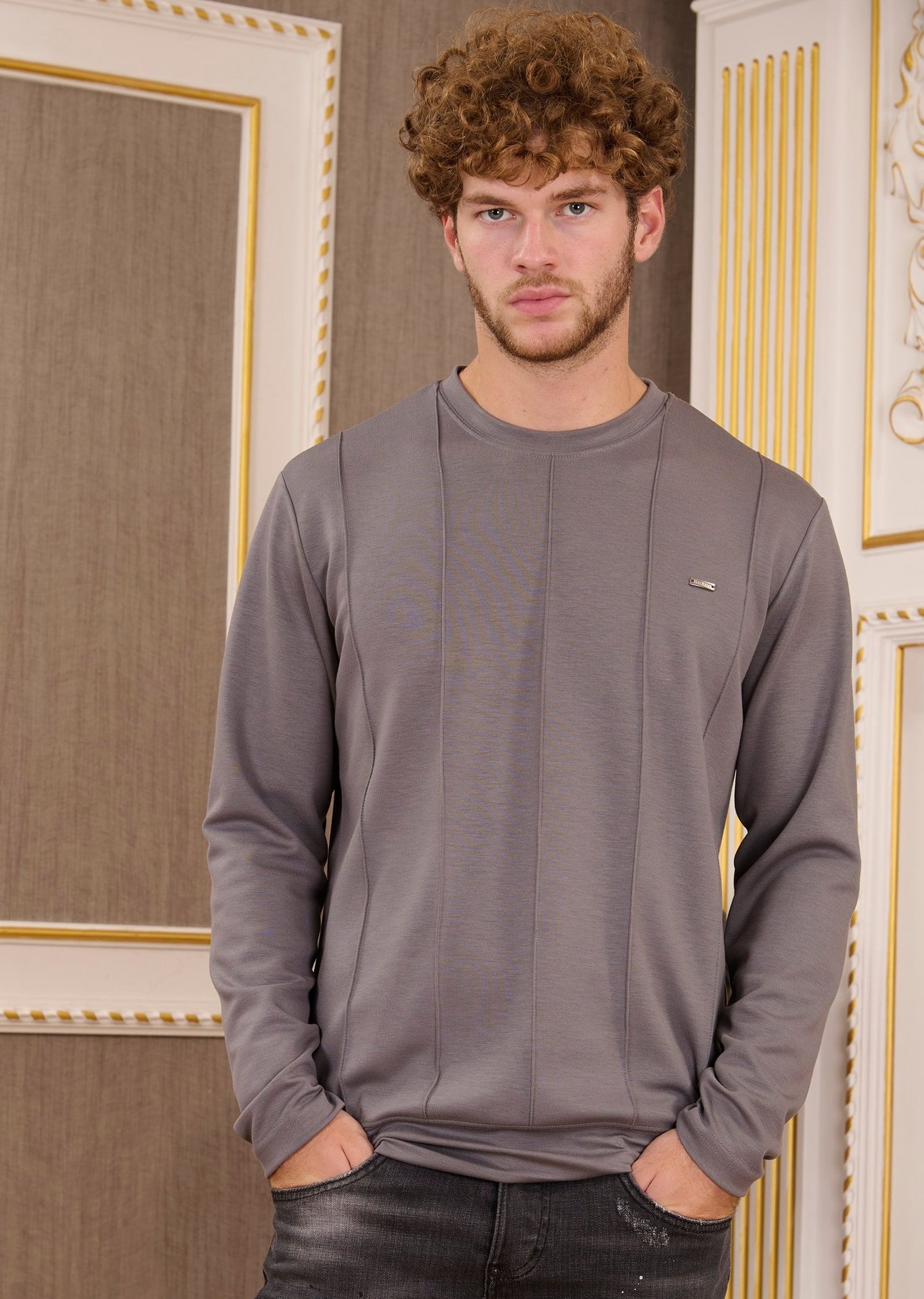 Gri Bisiklet Yaka Bi-Stretch Nervurlu İnterlok Sweatshirt