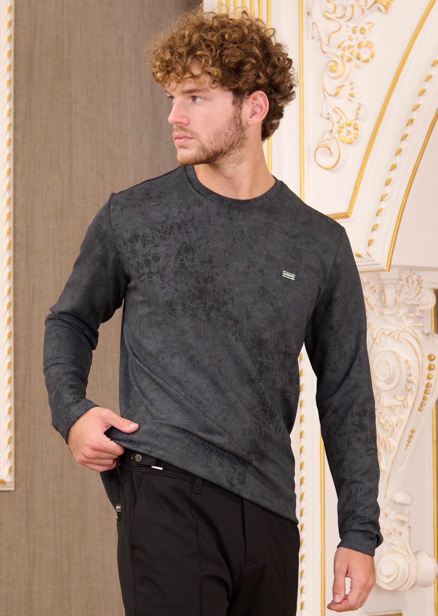 Gri Degrade Bisiklet Yaka Bi-Stretch İnterlok Sweatshirt