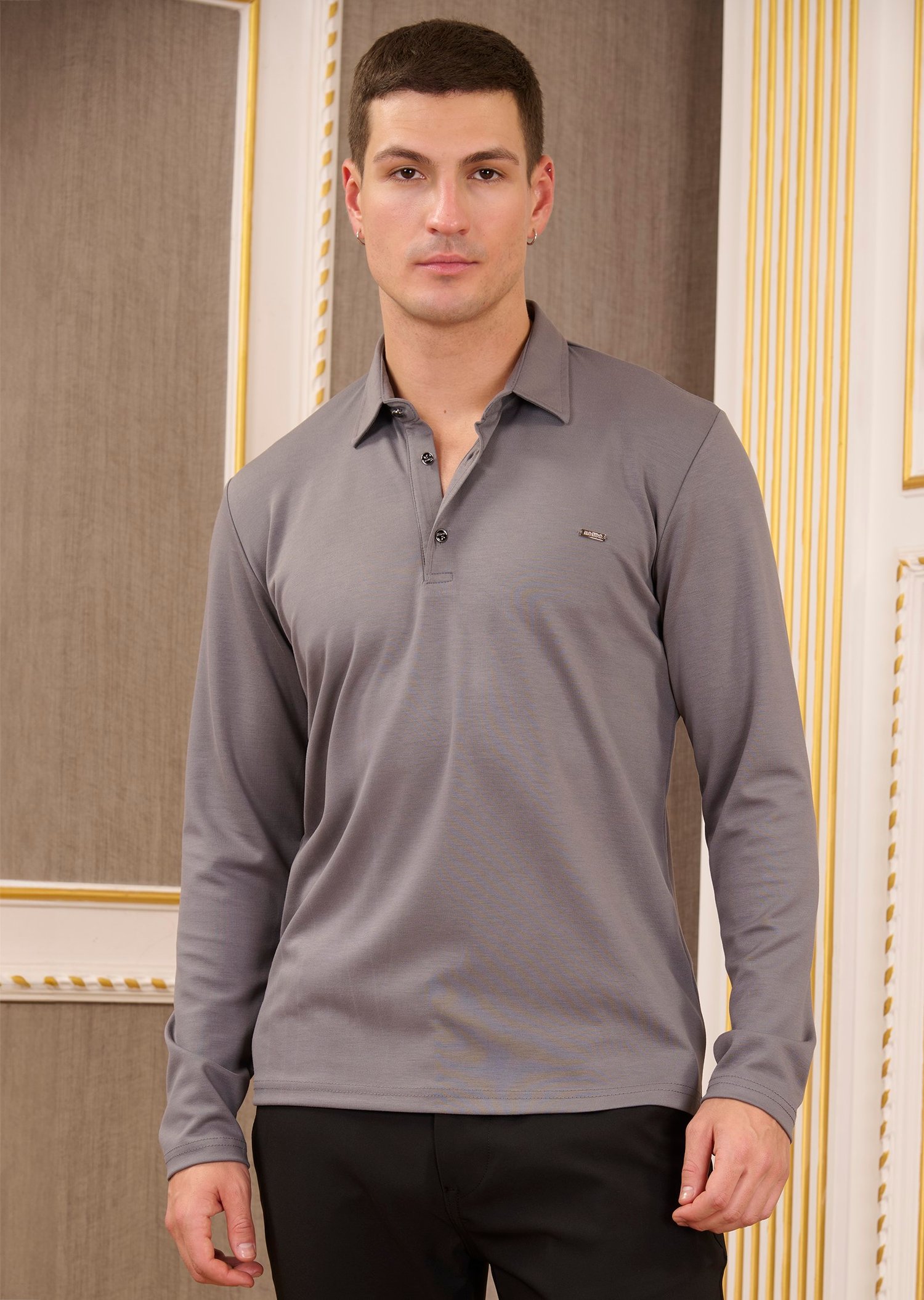 Gri Polo Yaka Bi Stretch İnterlok Sweatshirt