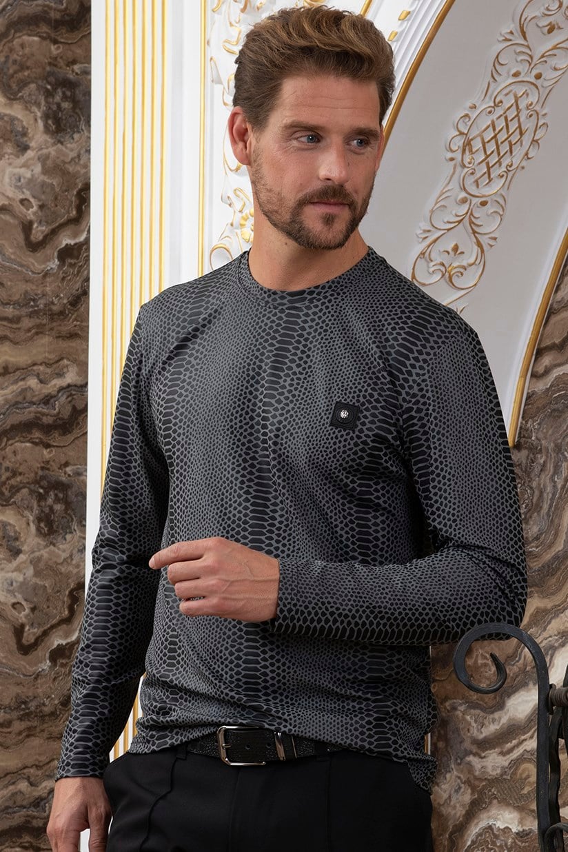 Gri Siyah Süet Baskı Detaylı Sweatshirt