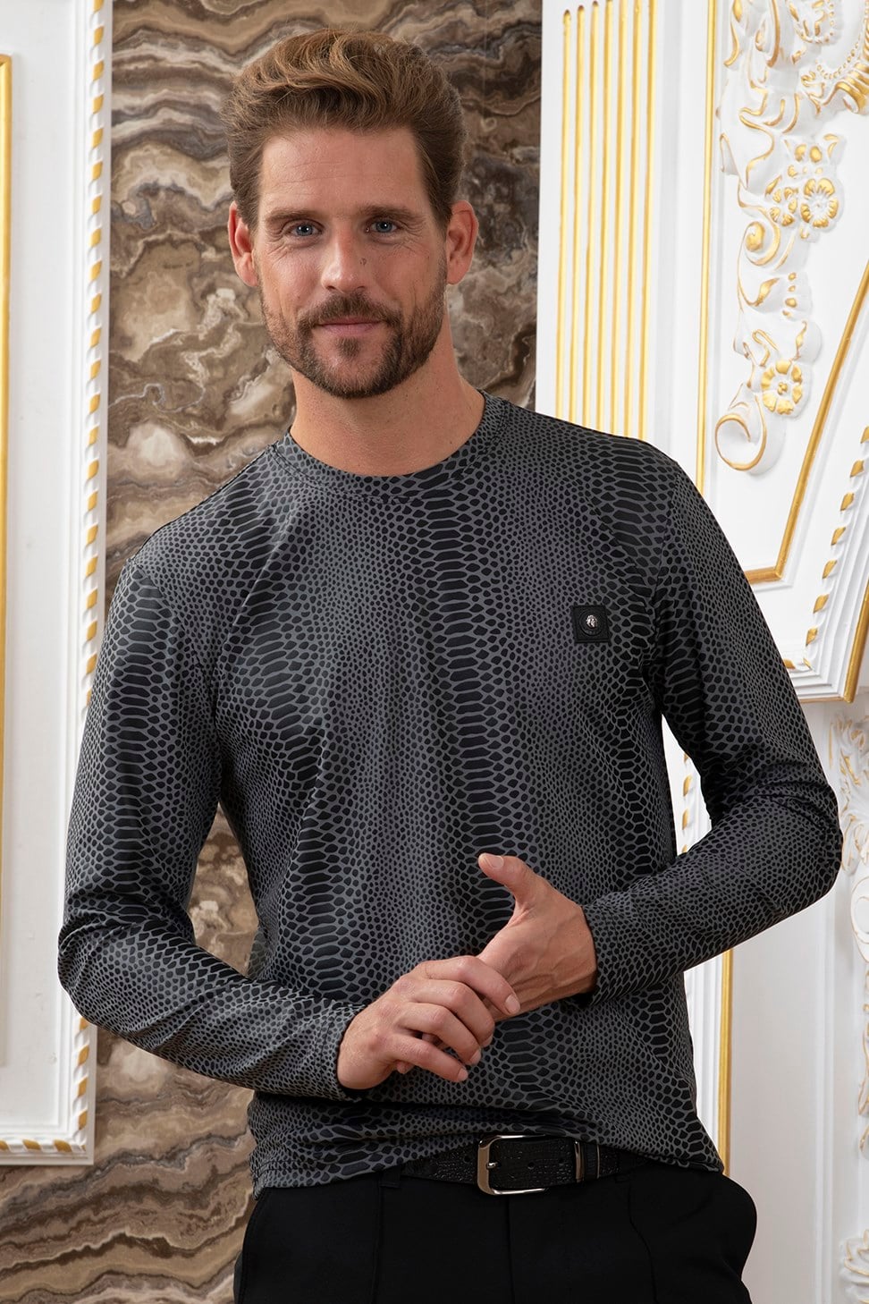 Gri Siyah Süet Baskı Detaylı Sweatshirt