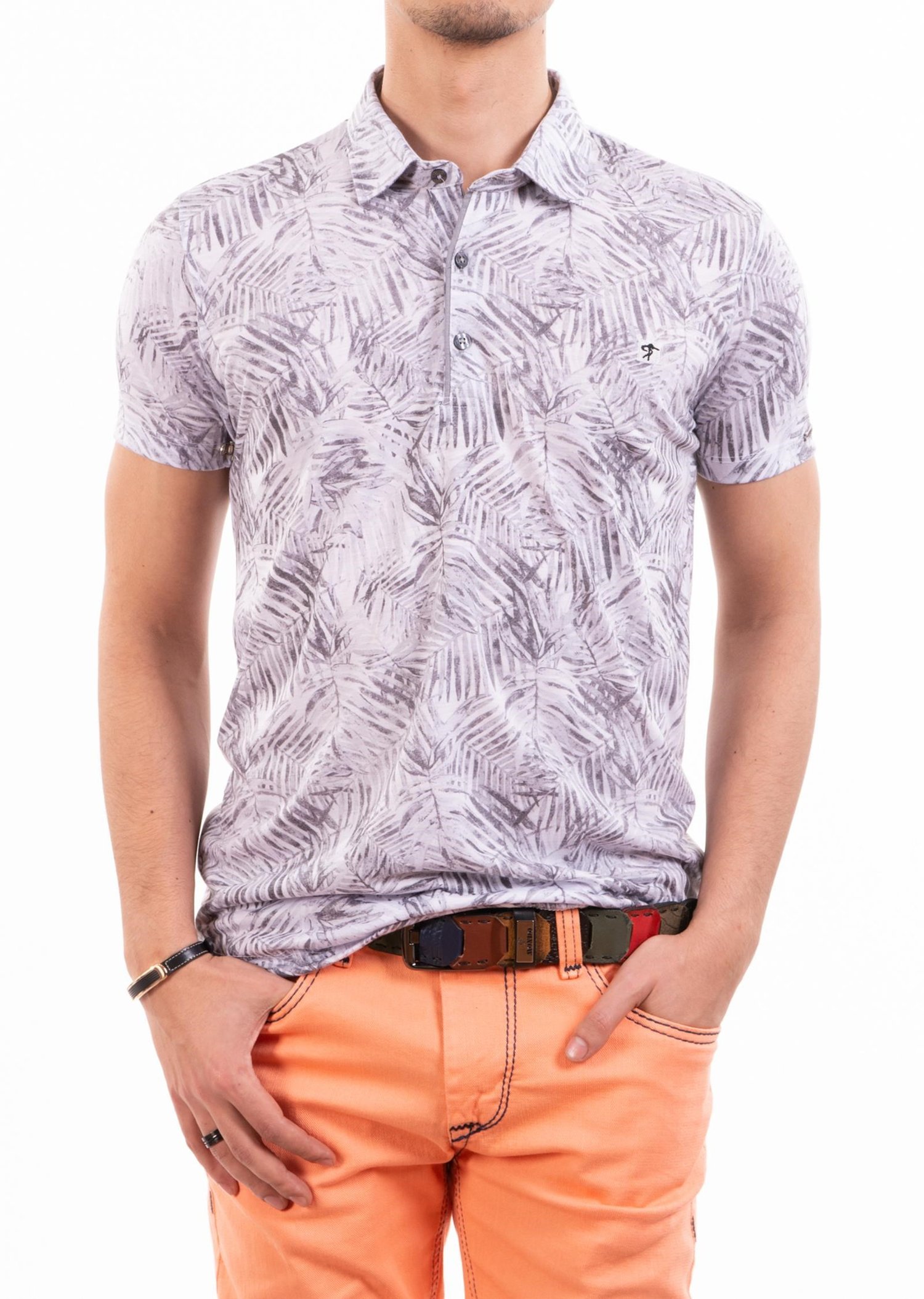Gri Yaprak Desenli Polo Yaka T-Shirt