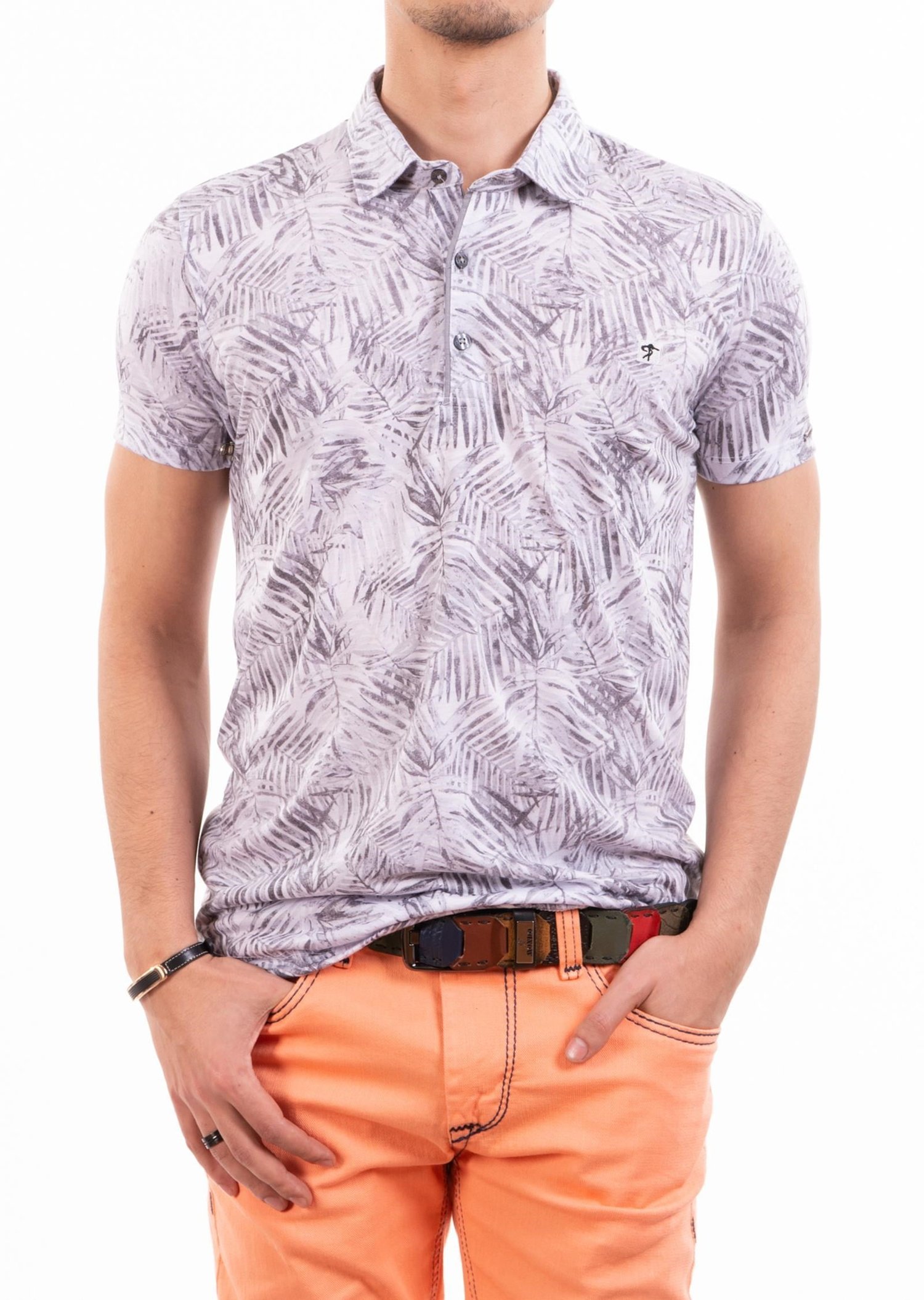 Gri Yaprak Desenli Polo Yaka T-Shirt