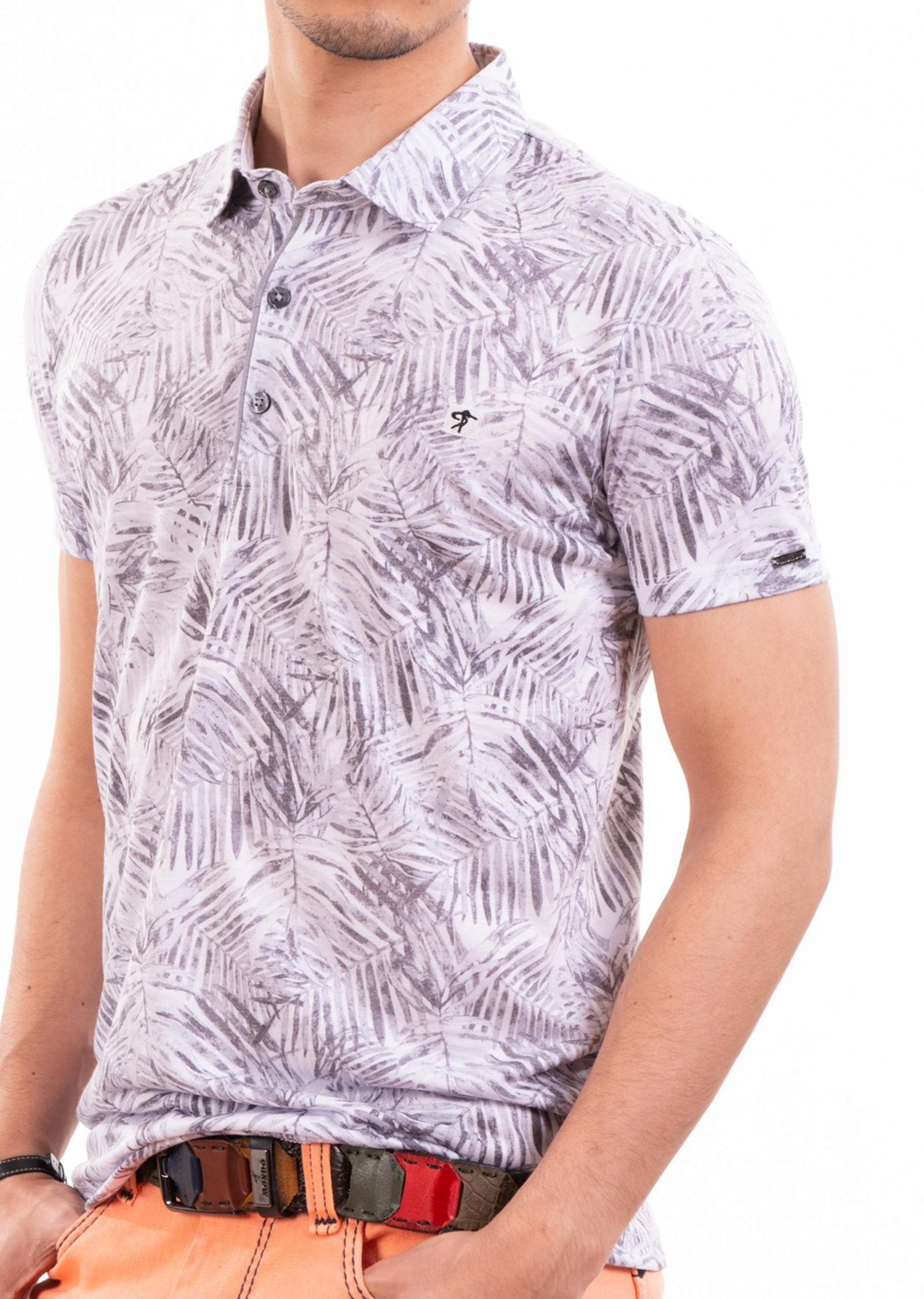 Gri Yaprak Desenli Polo Yaka T-Shirt
