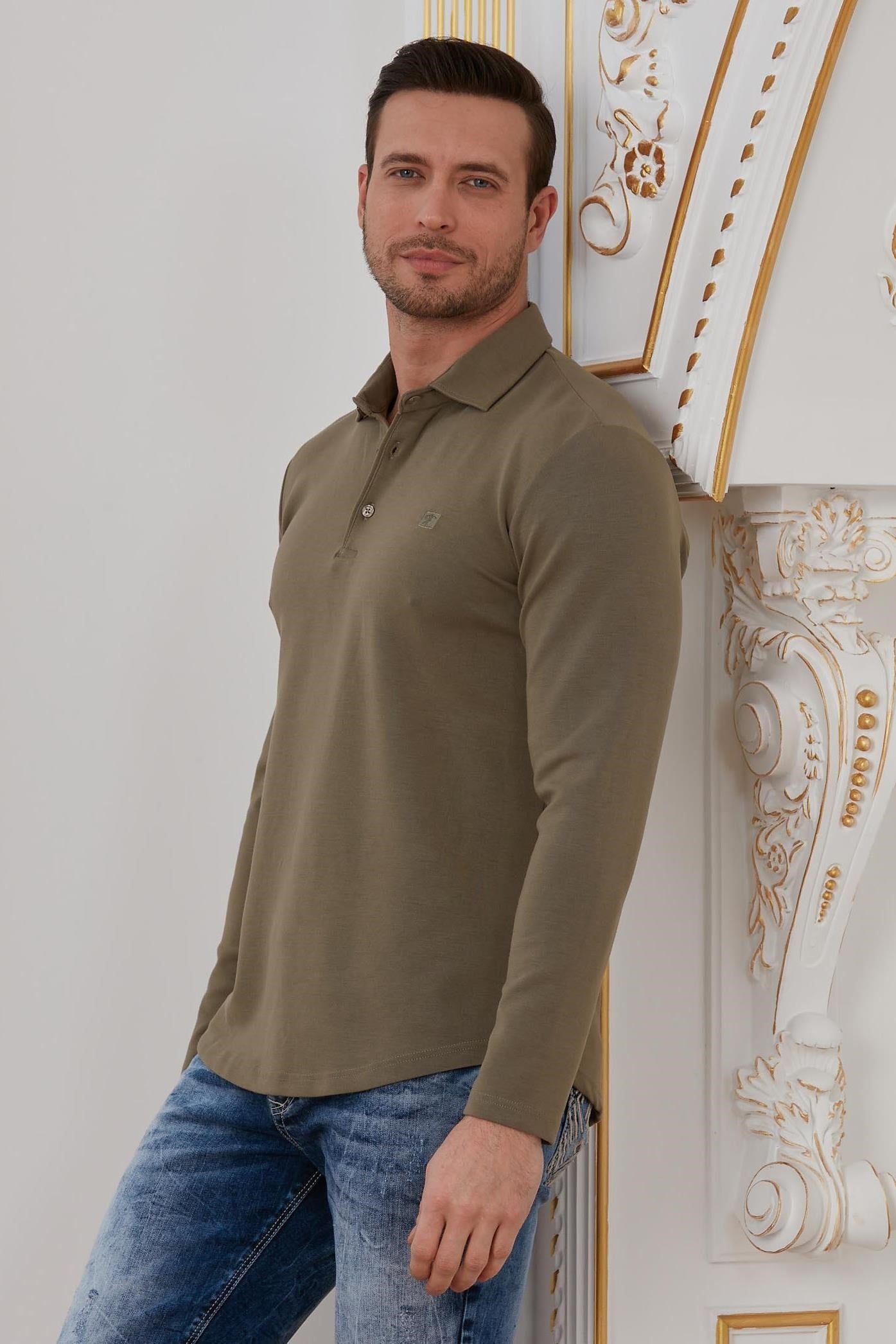 Haki Basic Polo Yaka Sweatshirt