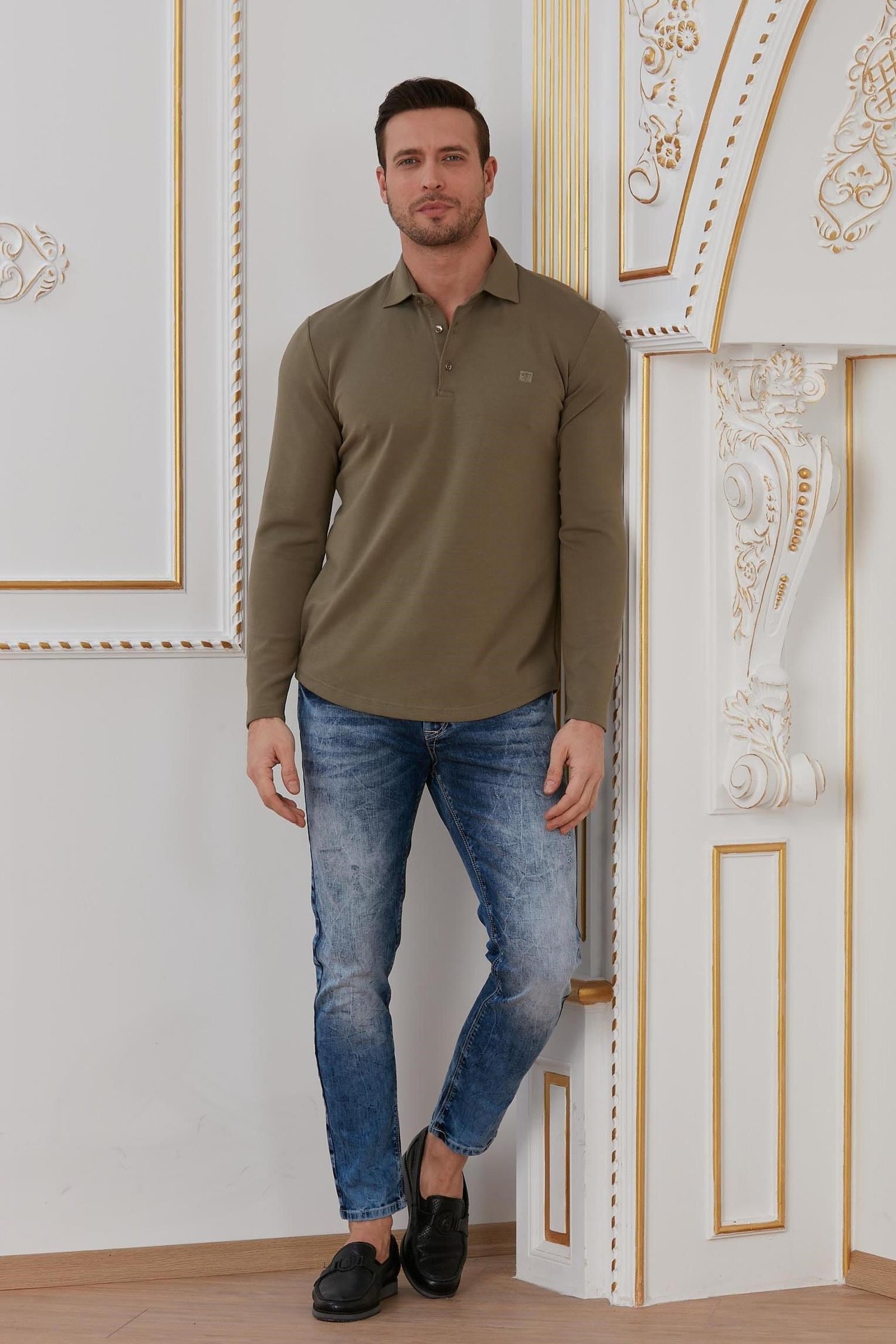 Haki Basic Polo Yaka Sweatshirt