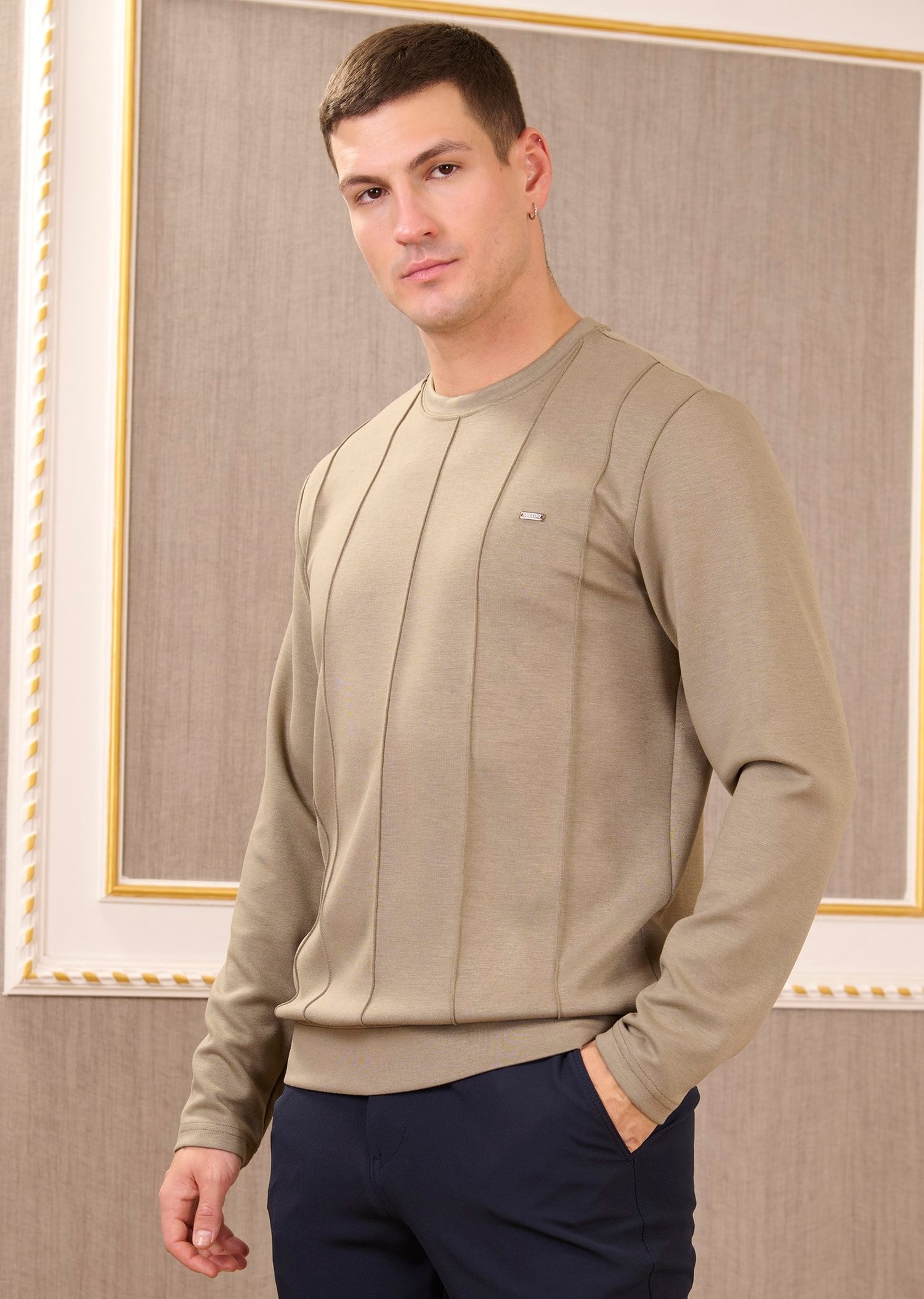 Haki Bisiklet Yaka Bi-Stretch Nervurlu İnterlok Sweatshirt