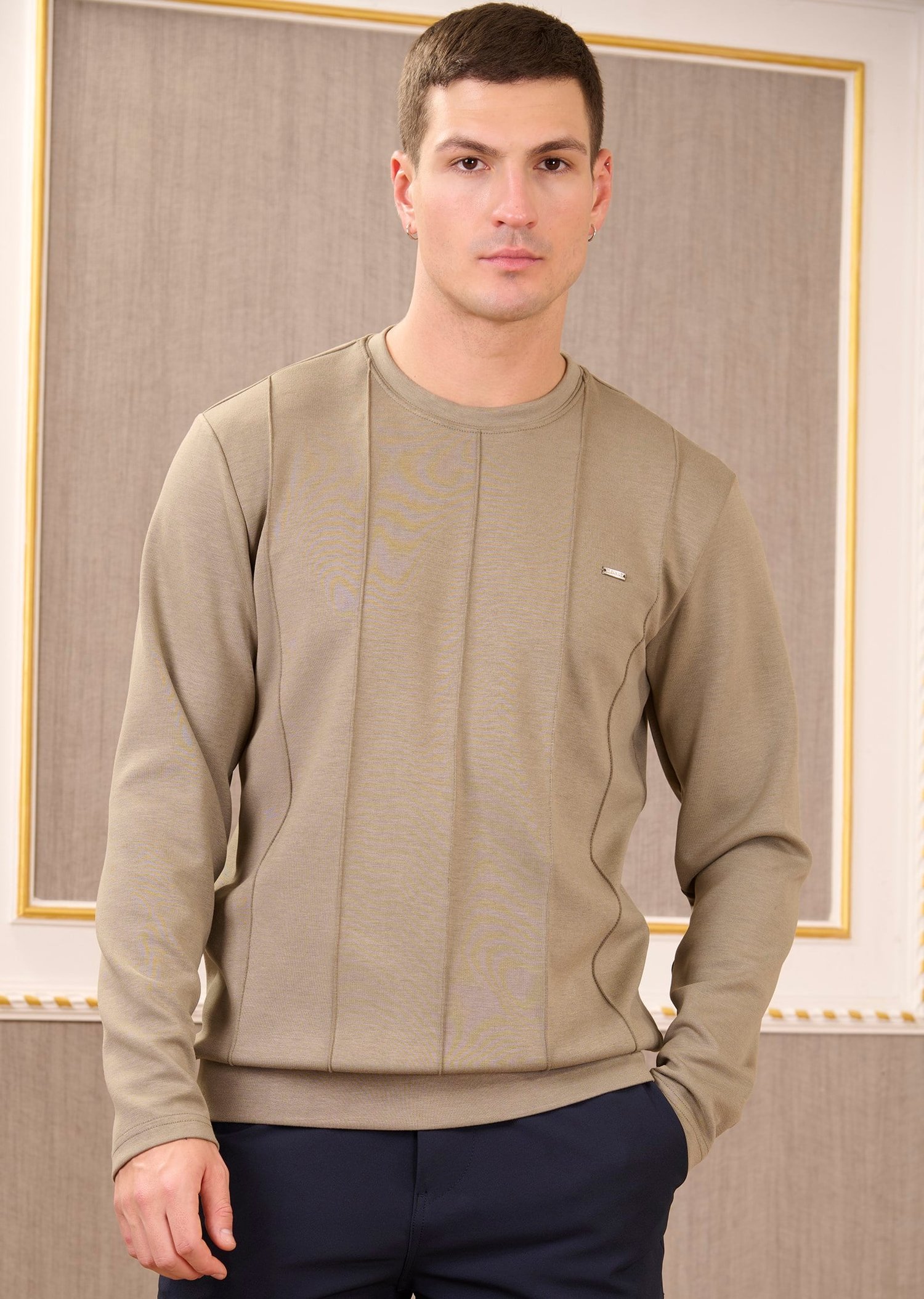 Haki Bisiklet Yaka Bi-Stretch Nervurlu İnterlok Sweatshirt