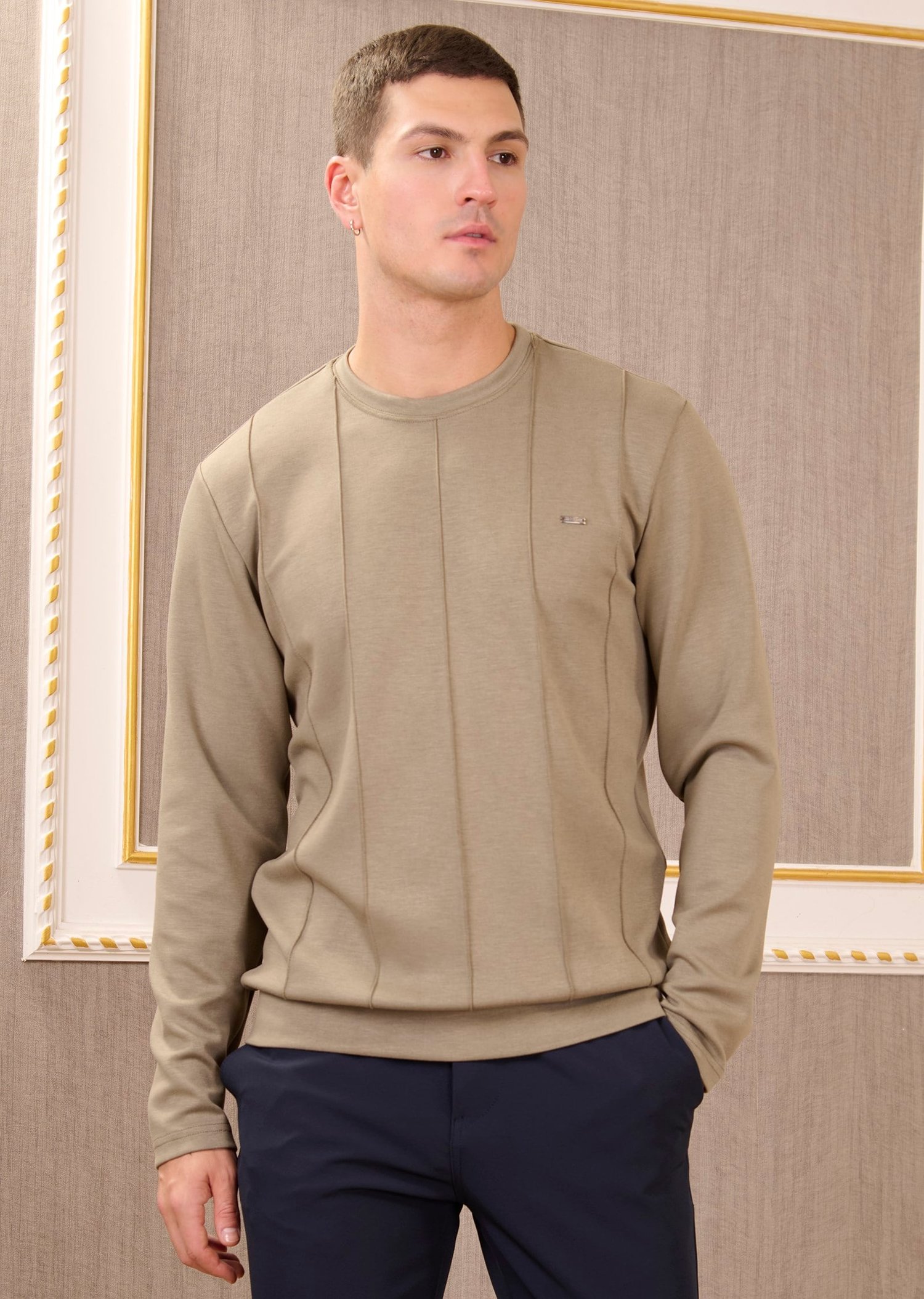 Haki Bisiklet Yaka Bi-Stretch Nervurlu İnterlok Sweatshirt