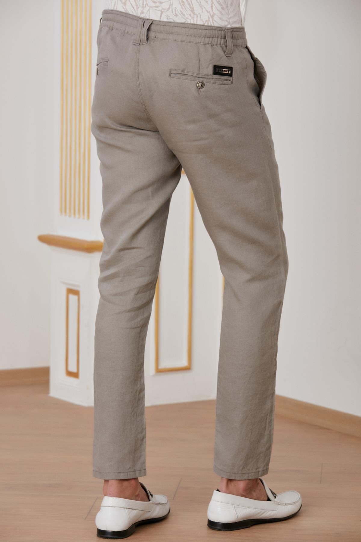 Haki İpli Keten Pantolon