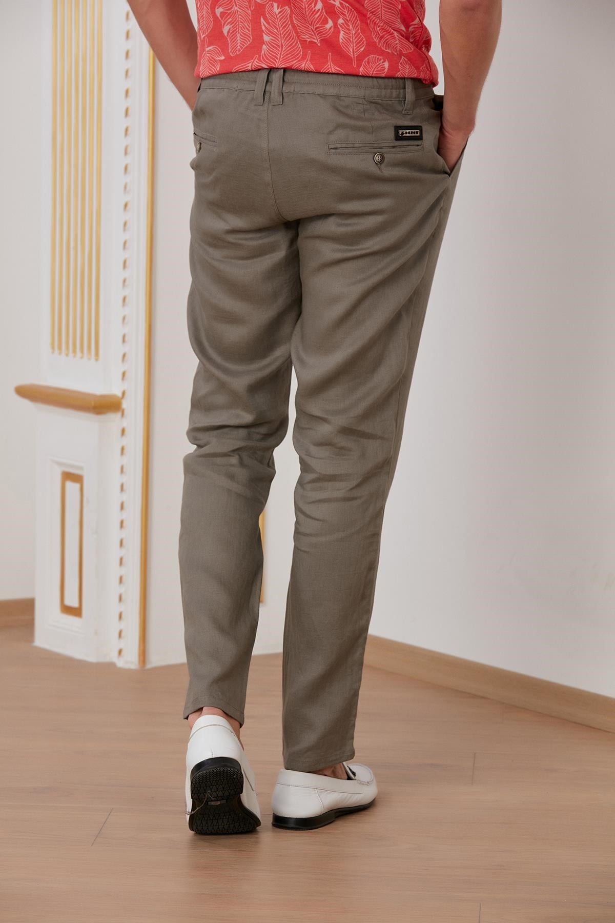 Haki İpli Keten Pantolon