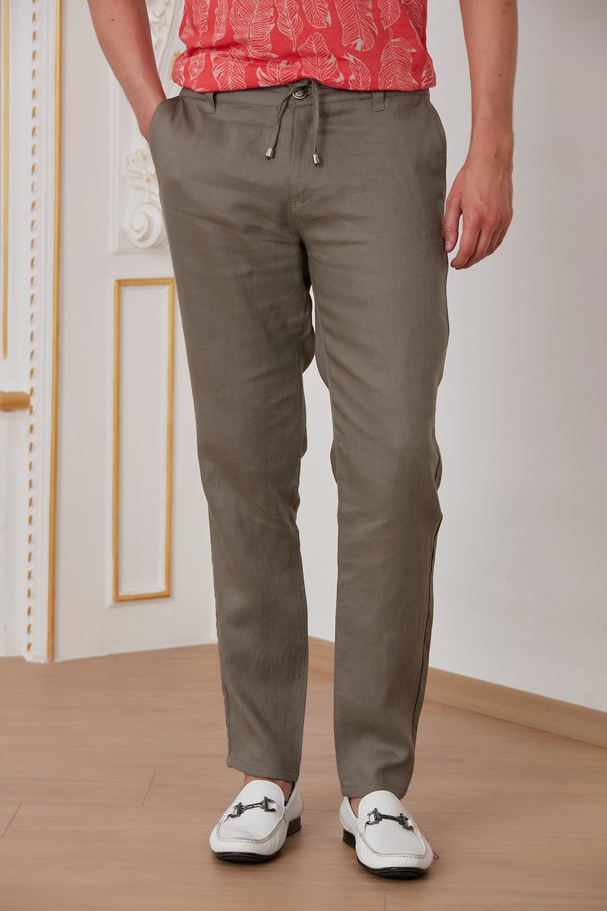 Haki İpli Keten Pantolon