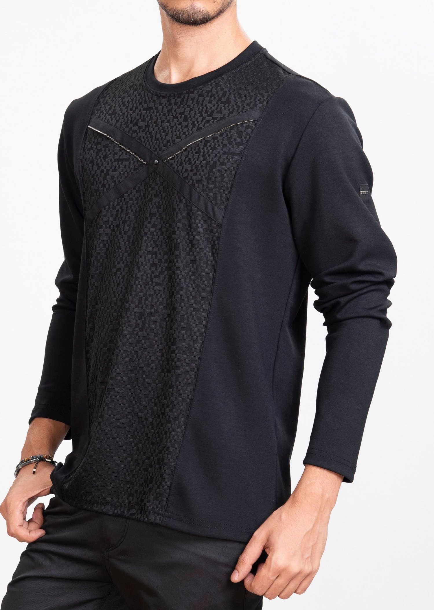 Jakarlı Piksel Desen Siyah Sweatshirt 